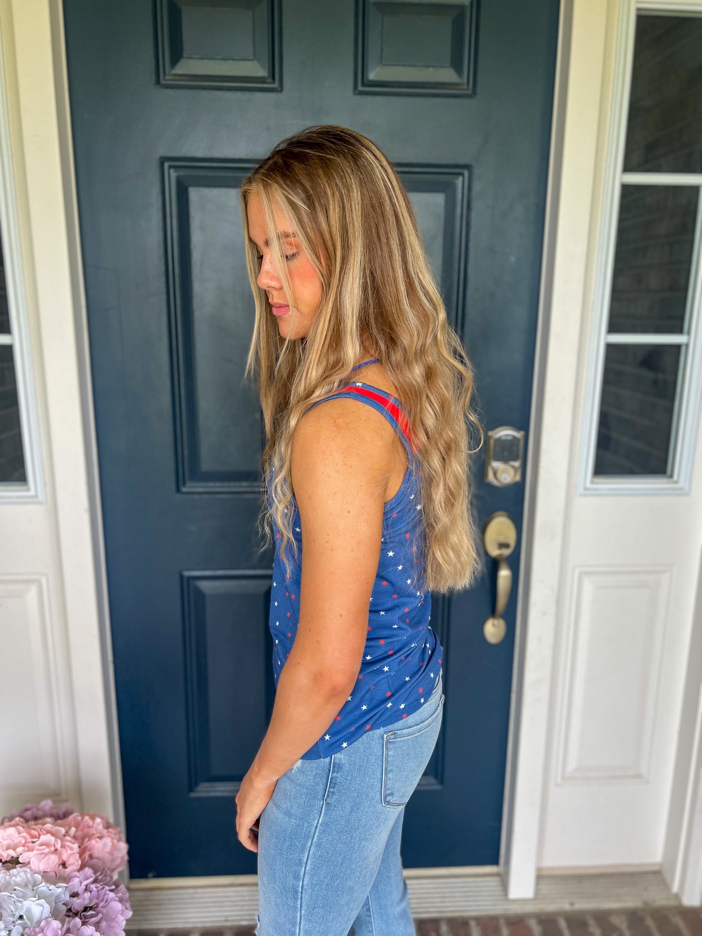 New! Michelle Mae Poppy Tank Top - Blue Freedom Stars