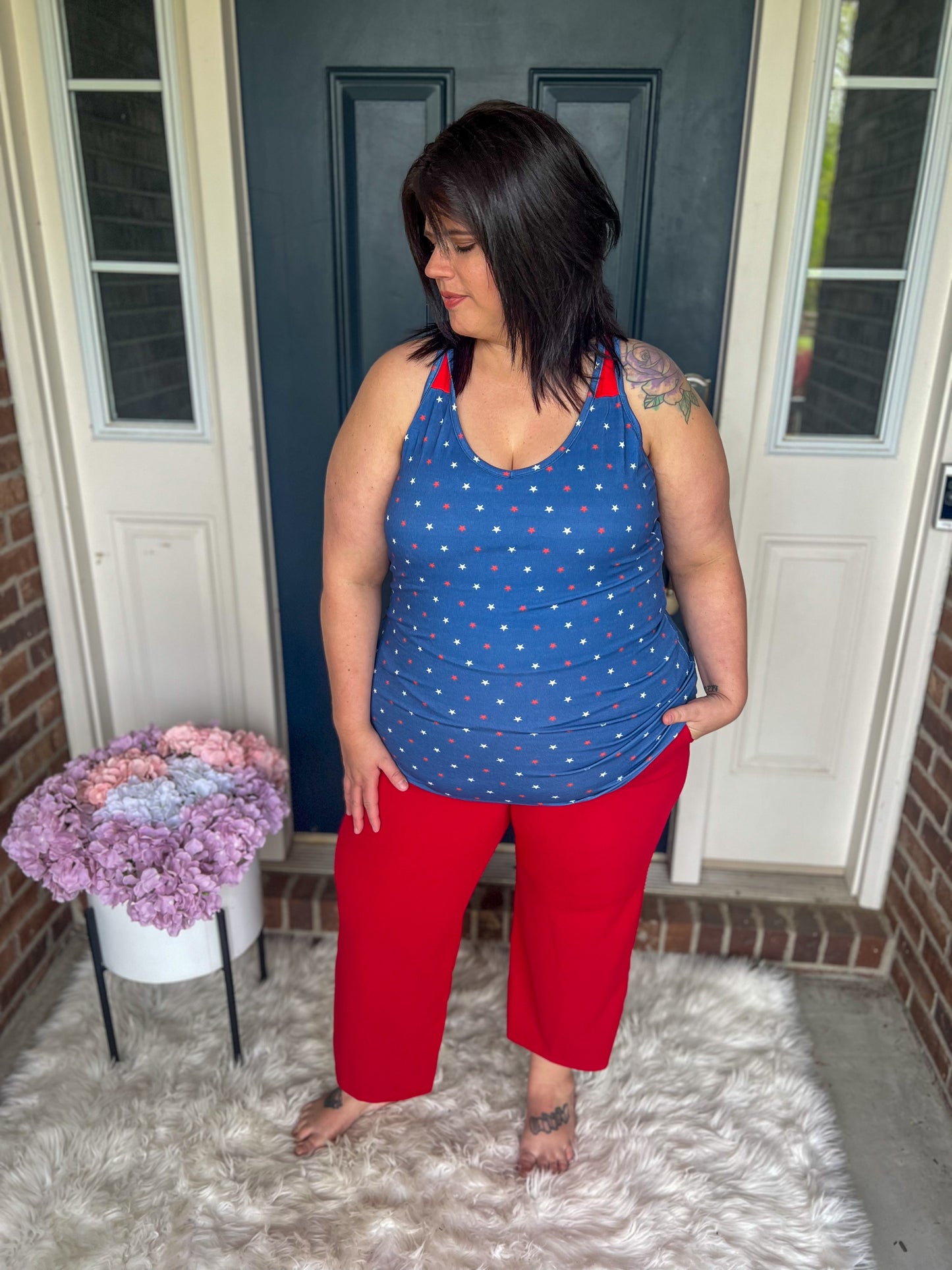 New! Michelle Mae Poppy Tank Top - Blue Freedom Stars