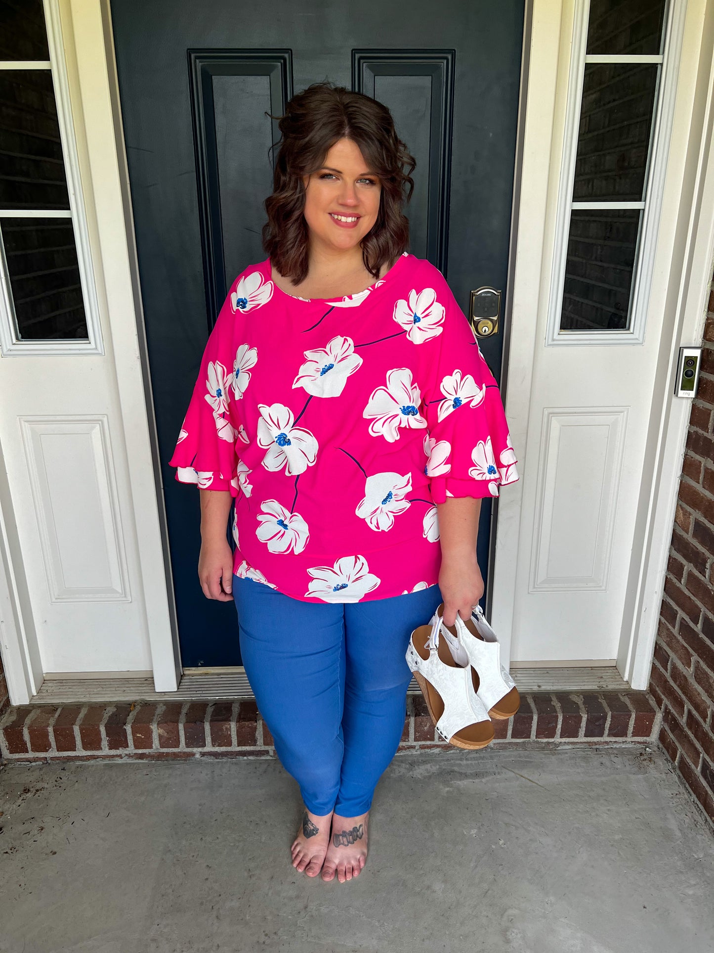 Este Pink Floral Ruffle Sleeve Blouse