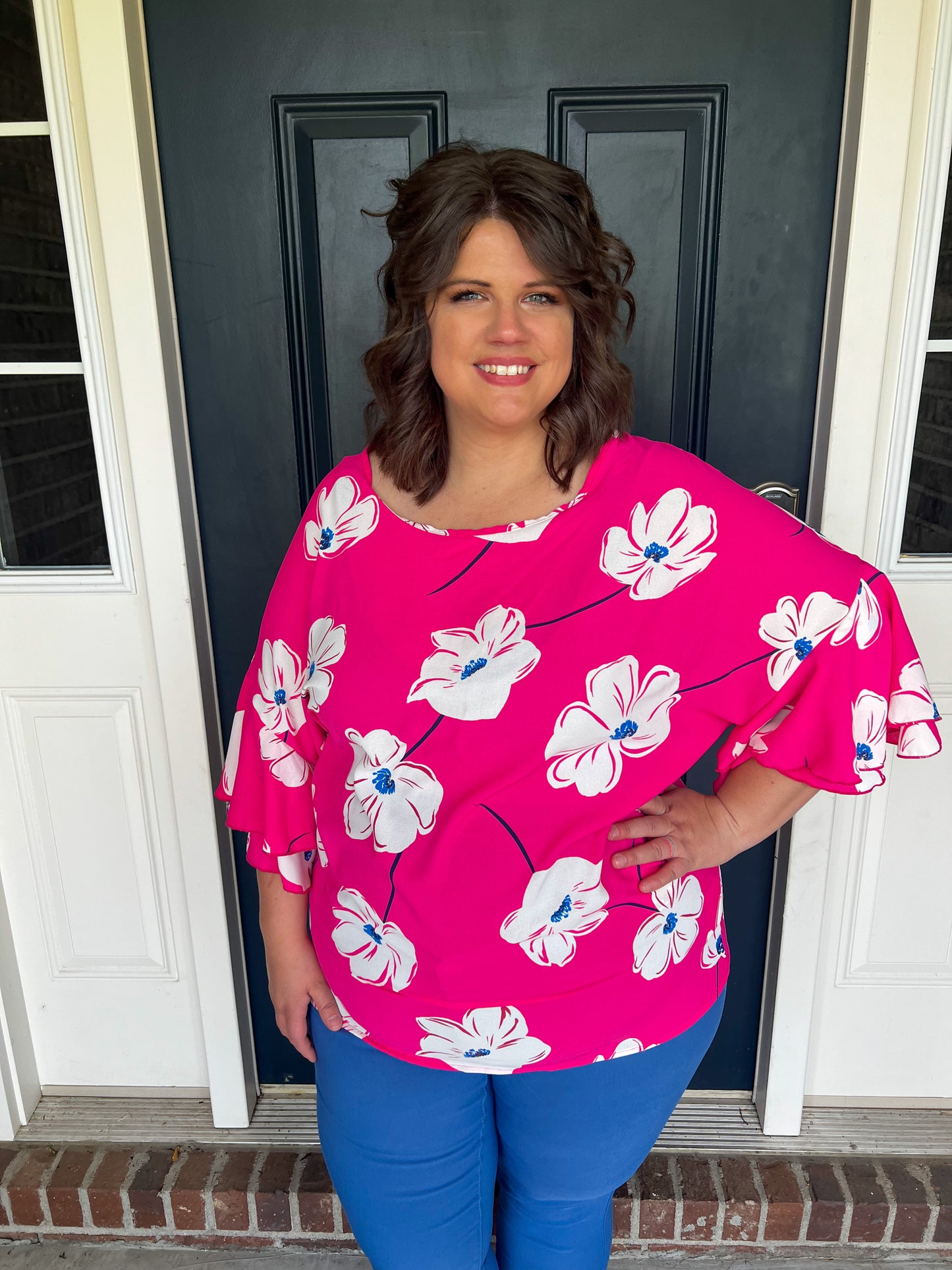 Este Pink Floral Ruffle Sleeve Blouse