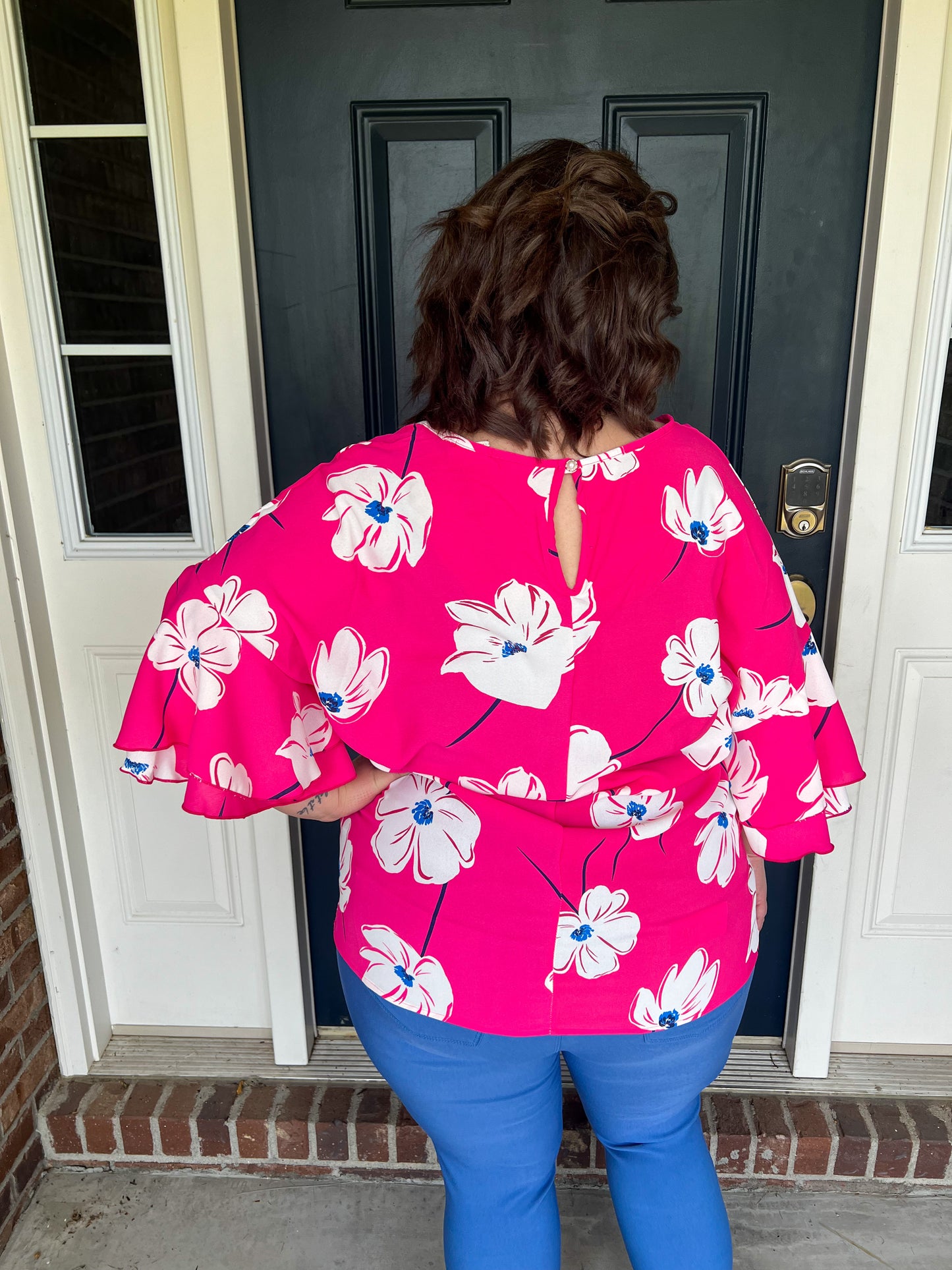 Este Pink Floral Ruffle Sleeve Blouse