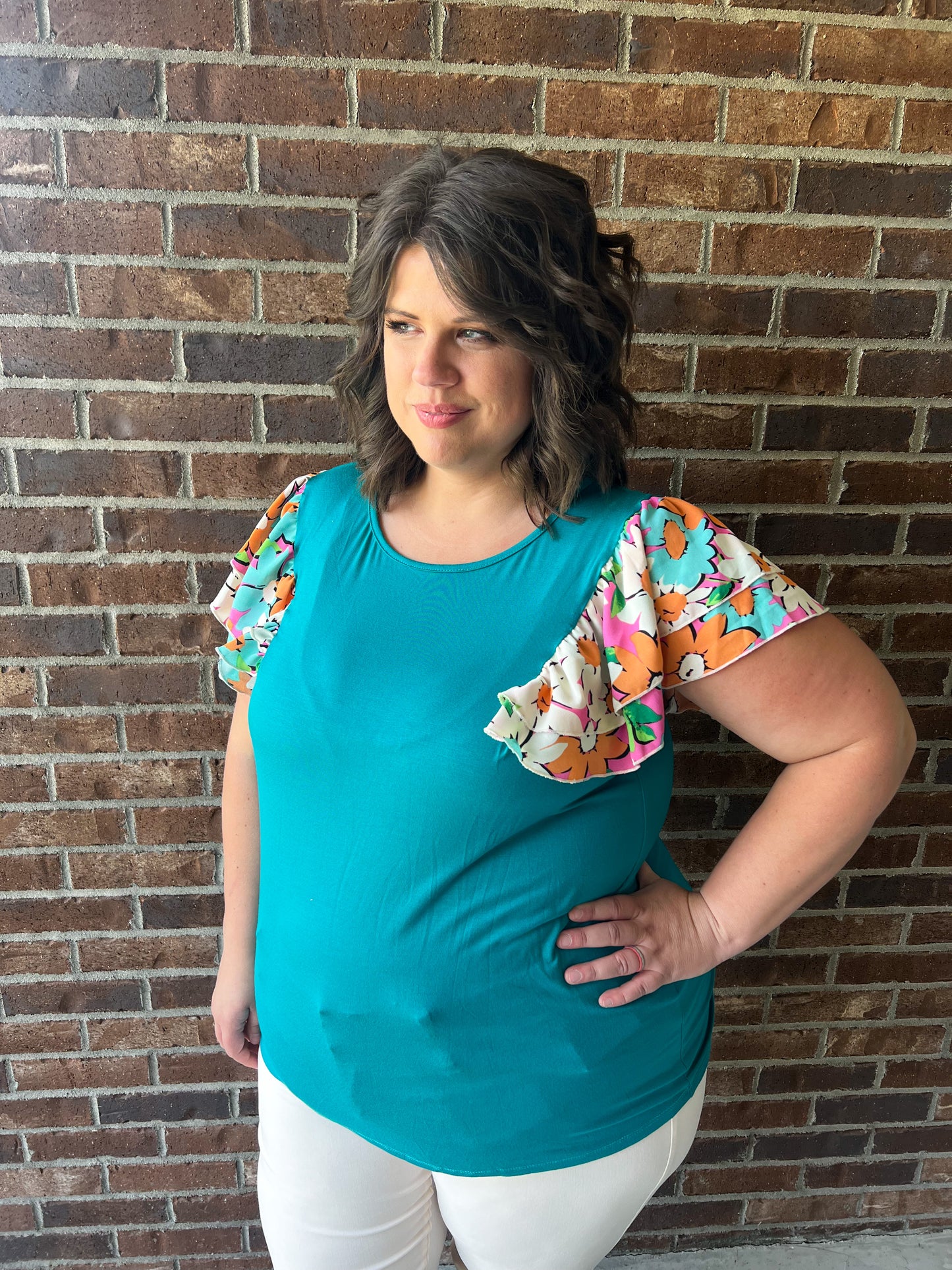 Nikki Turquoise Floral Ruffle Sleeve Top