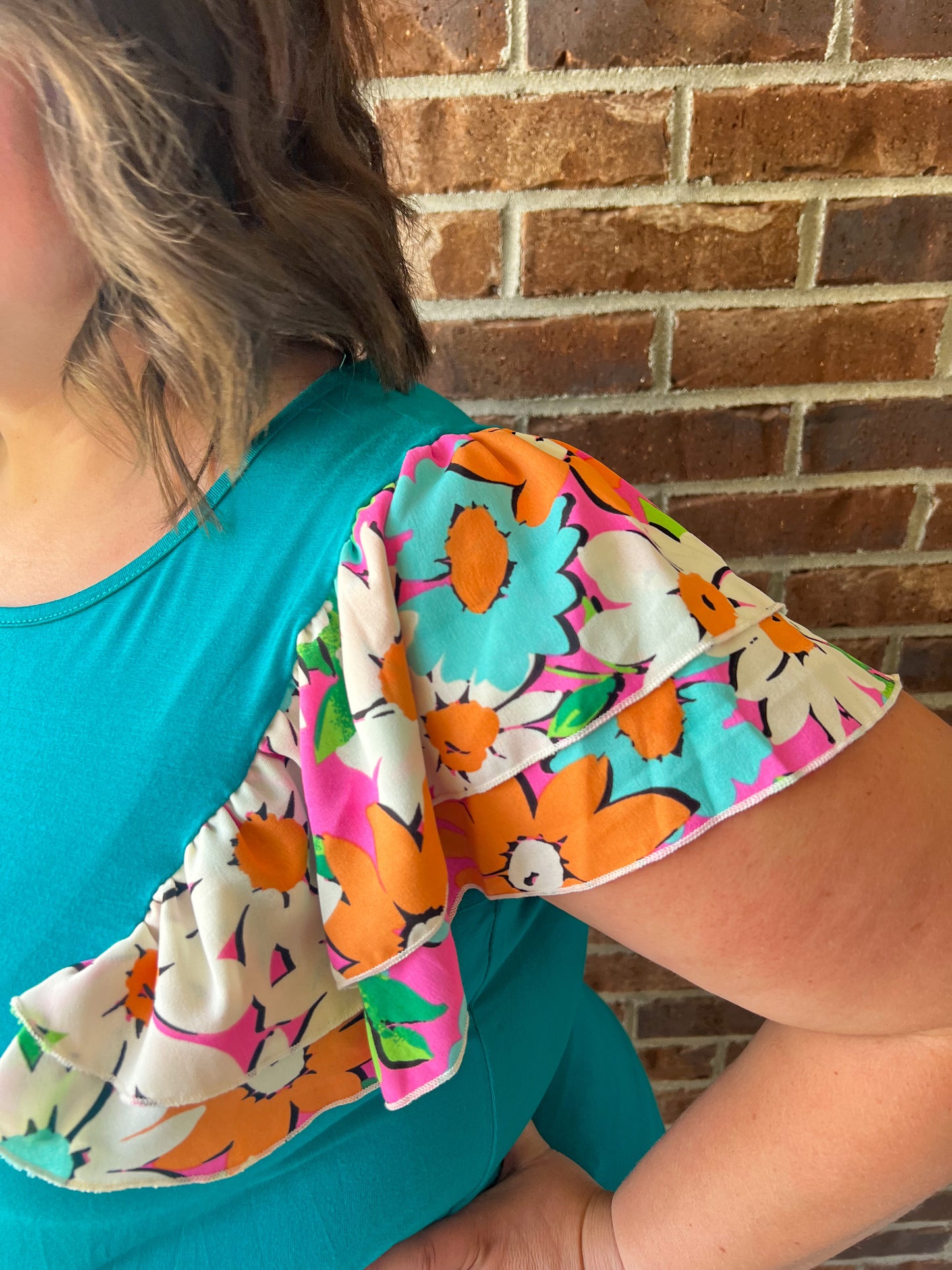 Nikki Turquoise Floral Ruffle Sleeve Top