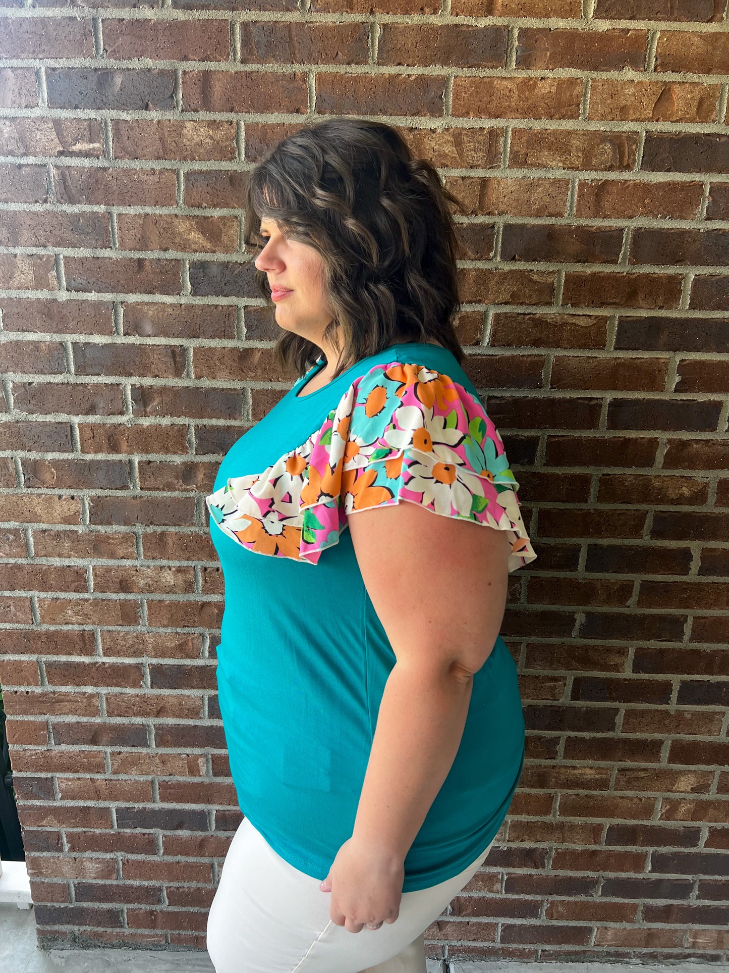 Nikki Turquoise Floral Ruffle Sleeve Top