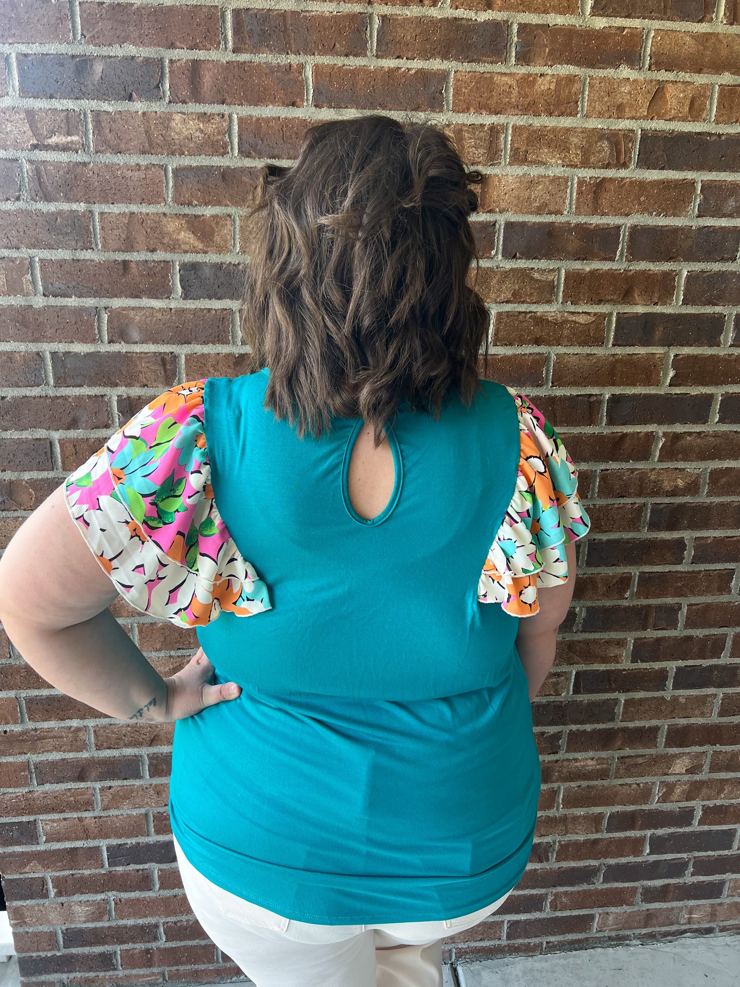 Nikki Turquoise Floral Ruffle Sleeve Top