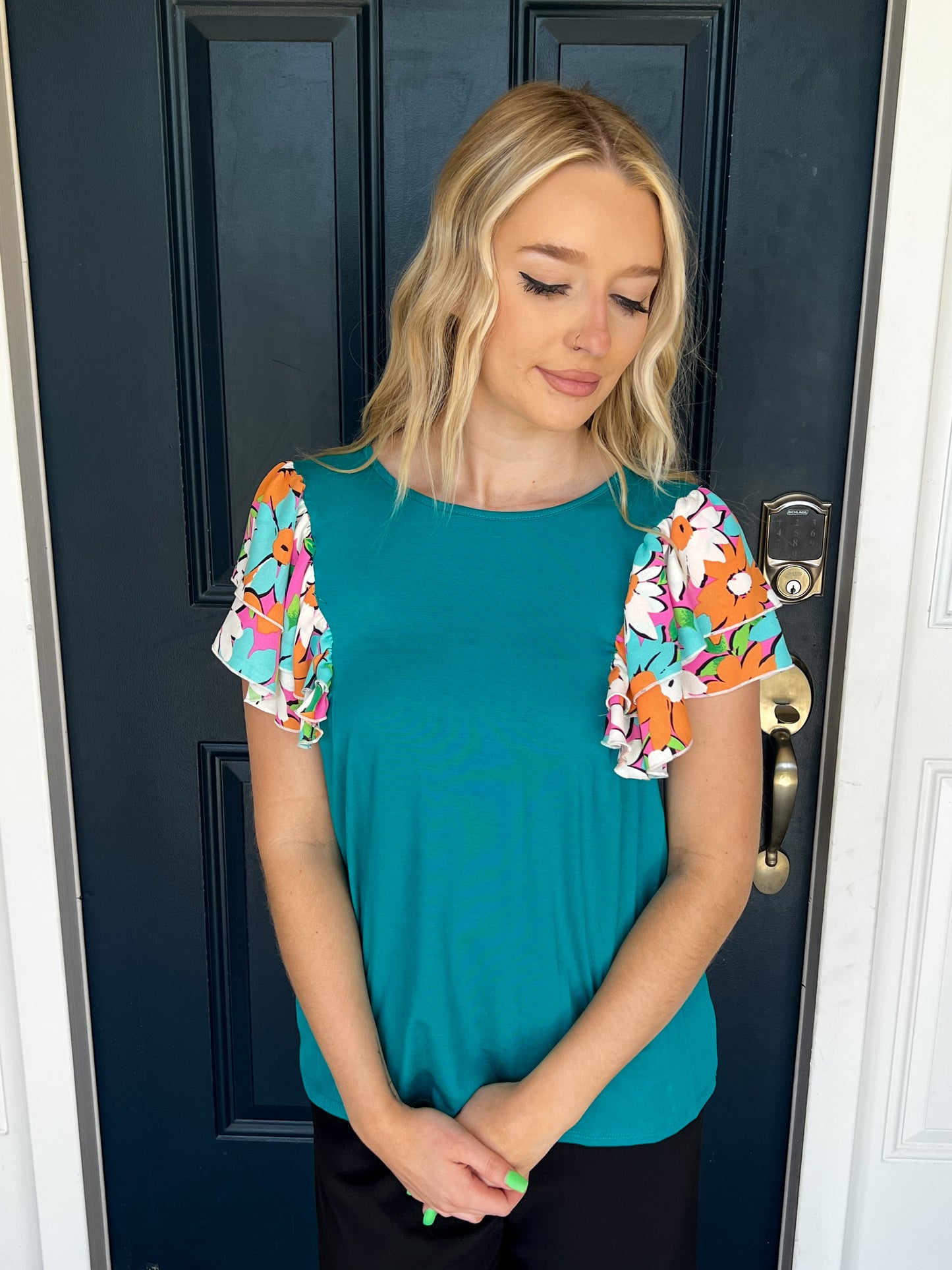 Nikki Turquoise Floral Ruffle Sleeve Top
