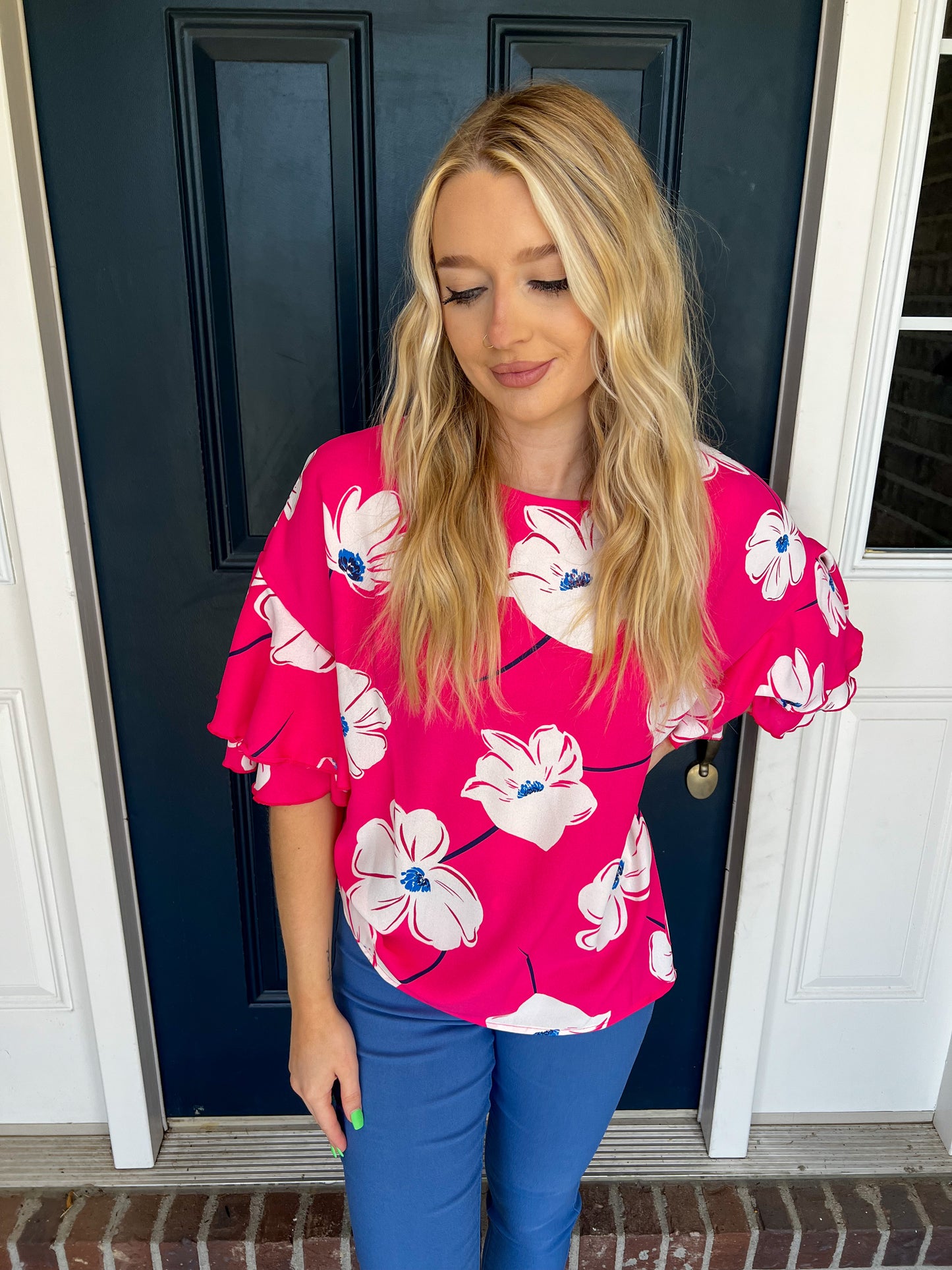 Este Pink Floral Ruffle Sleeve Blouse