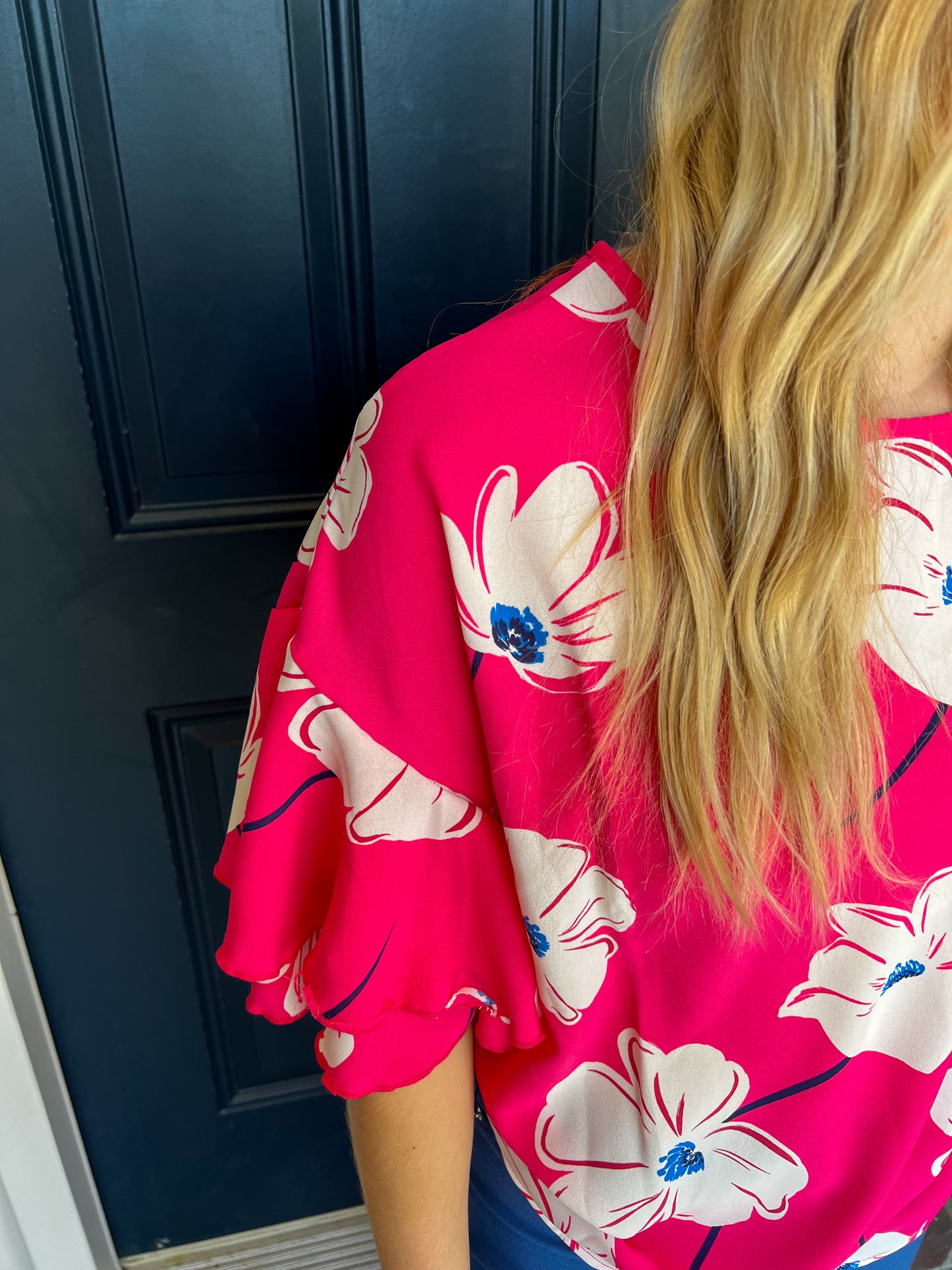 Este Pink Floral Ruffle Sleeve Blouse