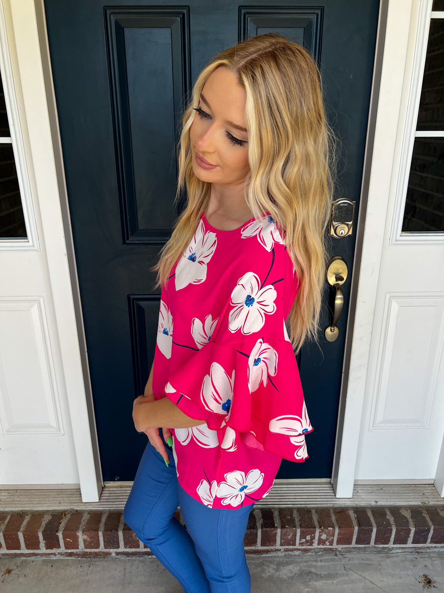 Este Pink Floral Ruffle Sleeve Blouse