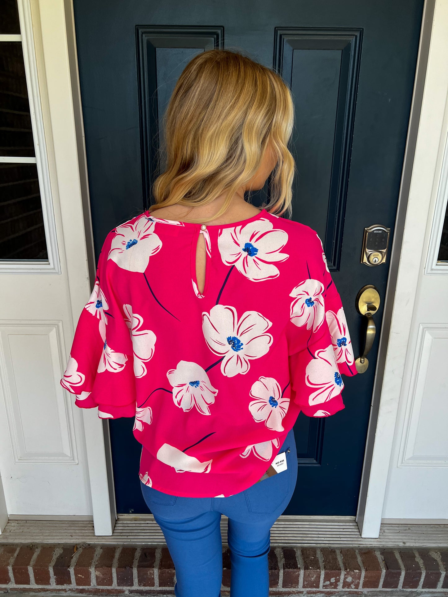 Este Pink Floral Ruffle Sleeve Blouse
