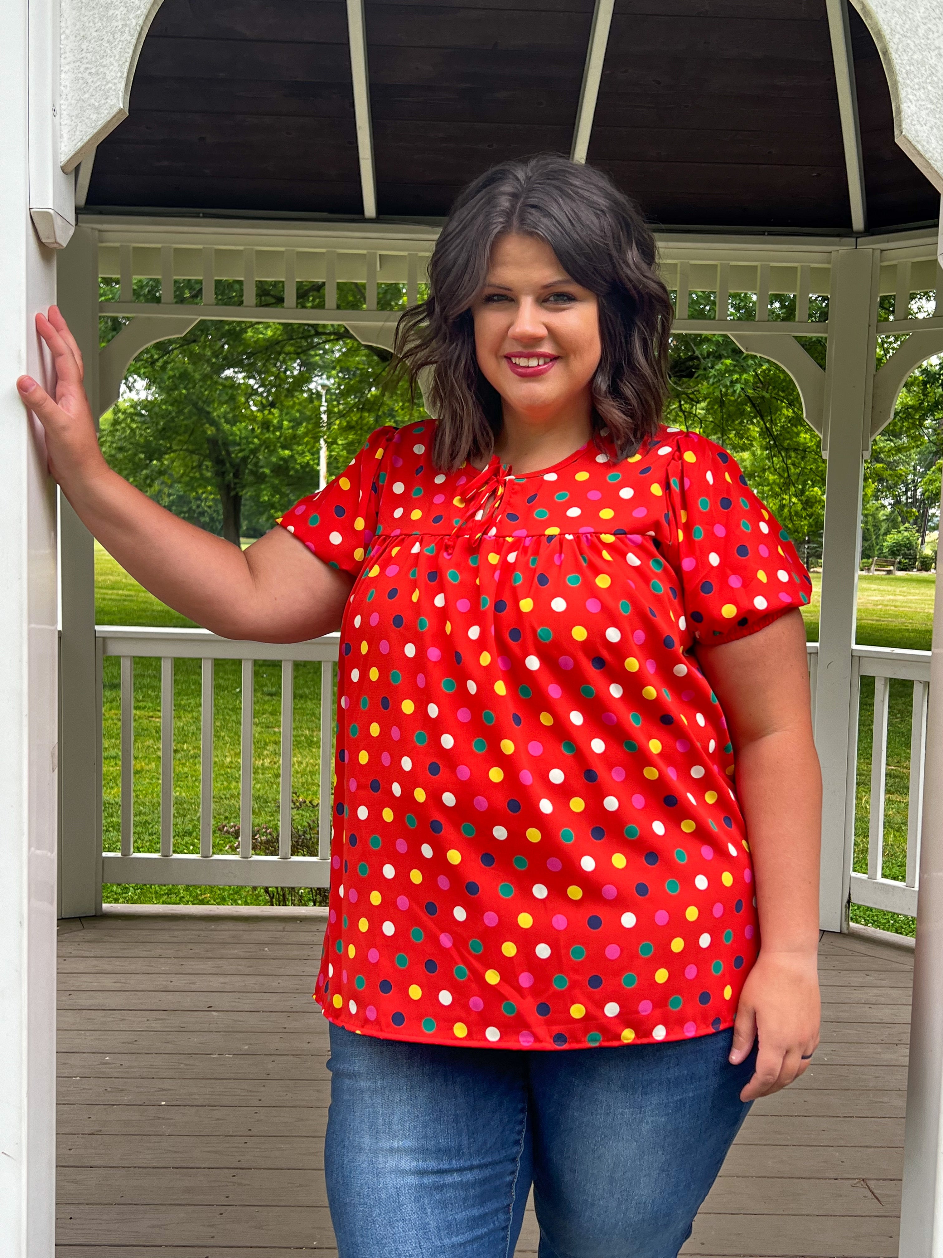 Red and white polka dot top cheap plus size