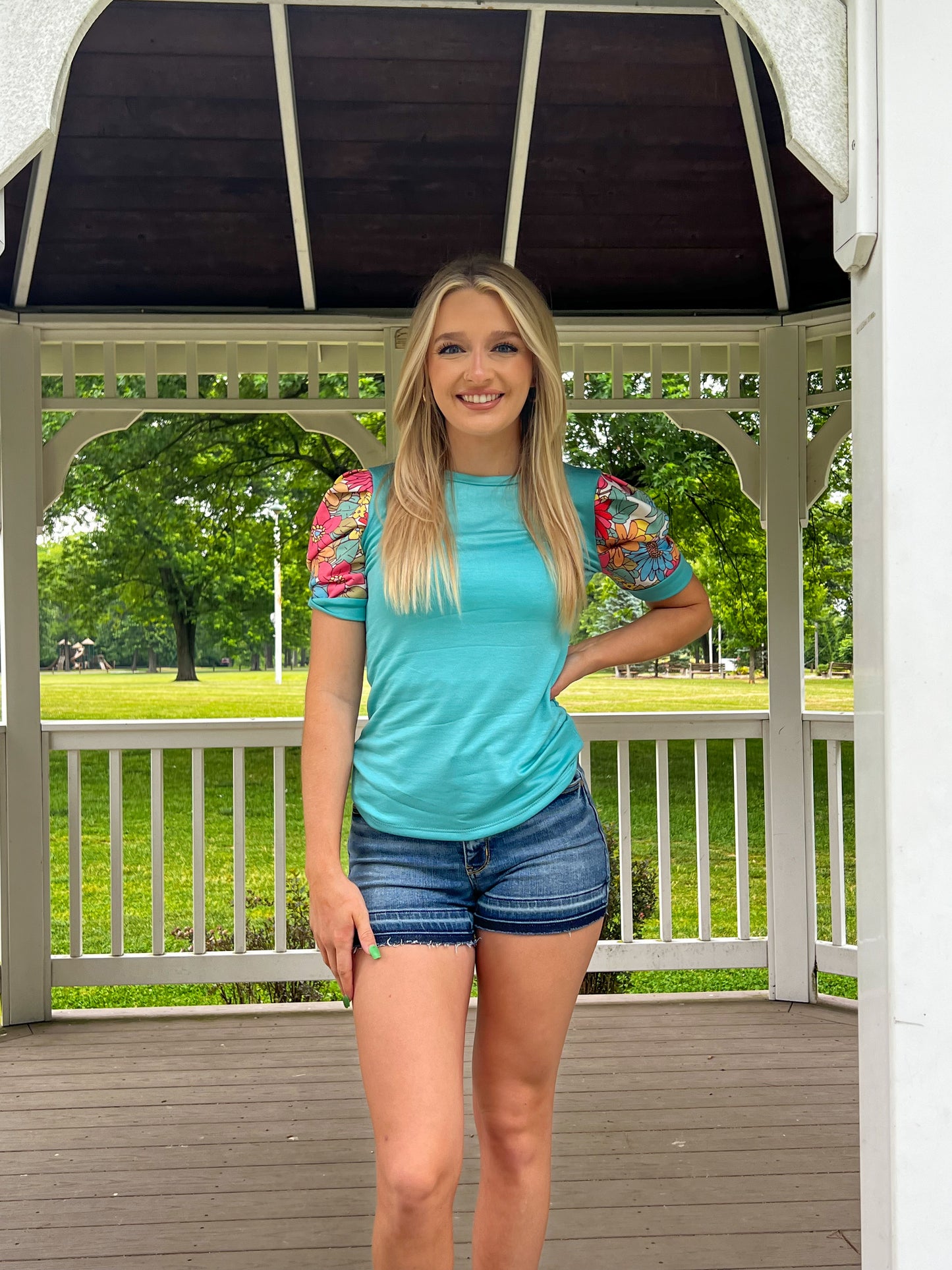 Got It Right Turquoise Floral Puff Sleeve Top