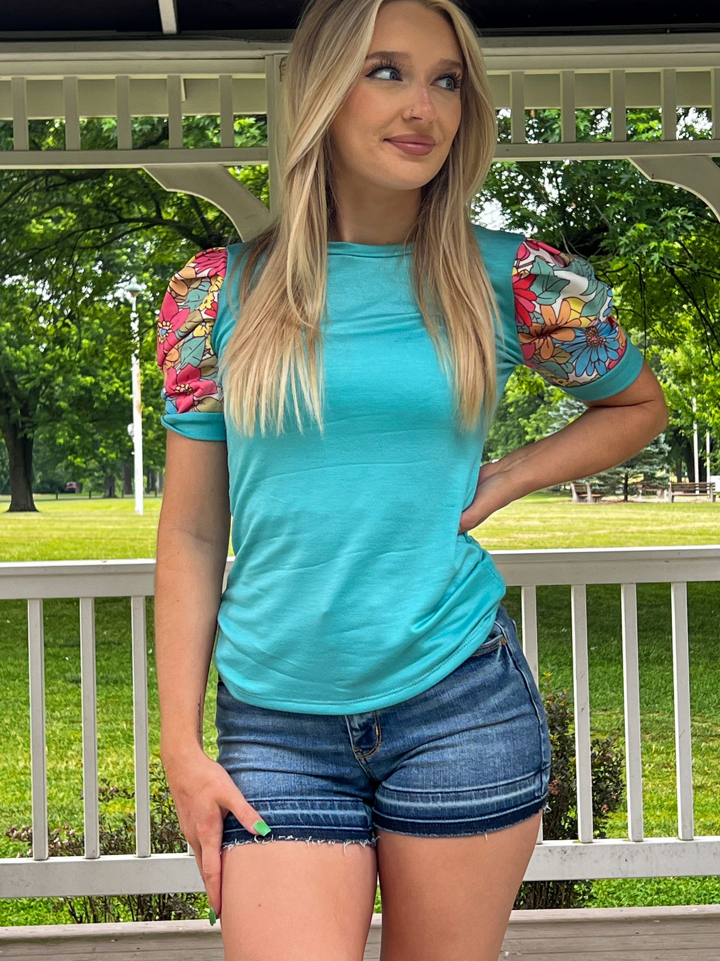 Got It Right Turquoise Floral Puff Sleeve Top