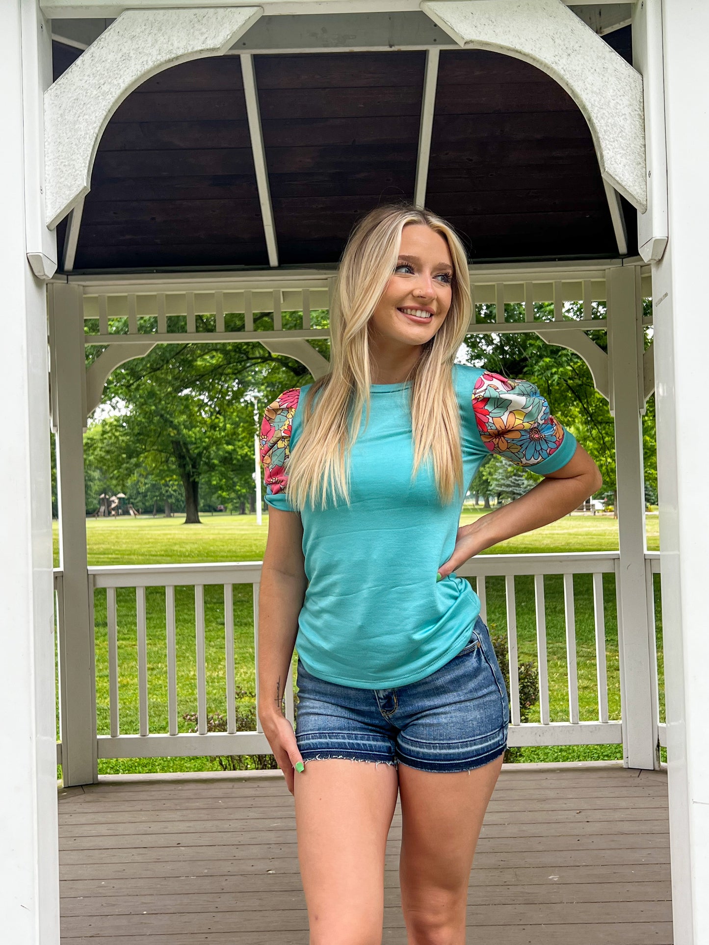 Got It Right Turquoise Floral Puff Sleeve Top