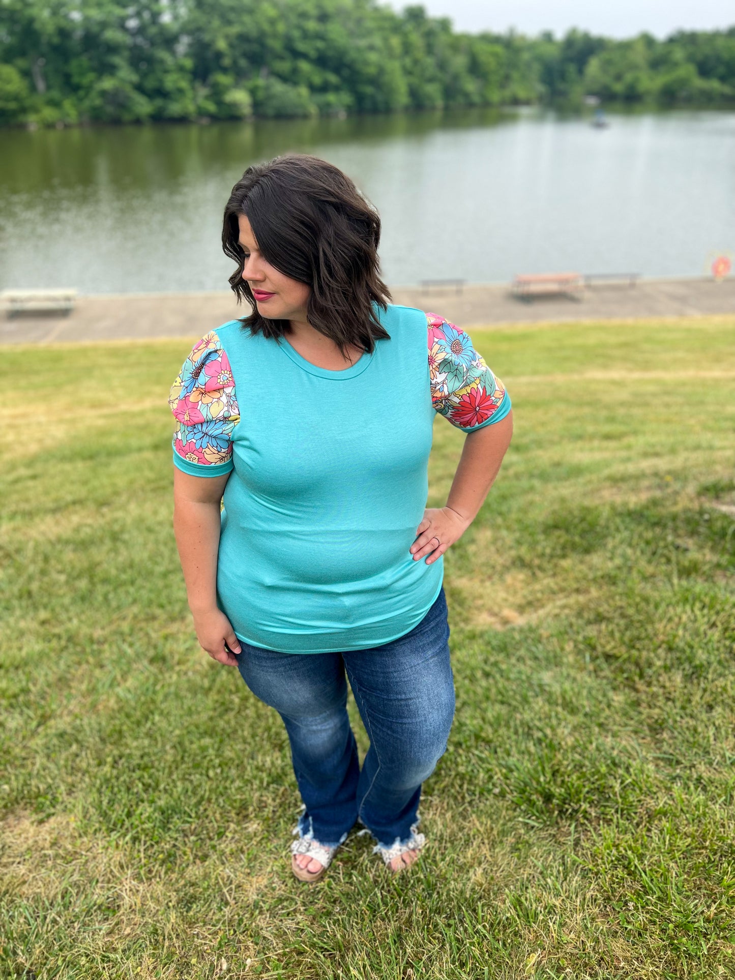 Got It Right Turquoise Floral Puff Sleeve Top