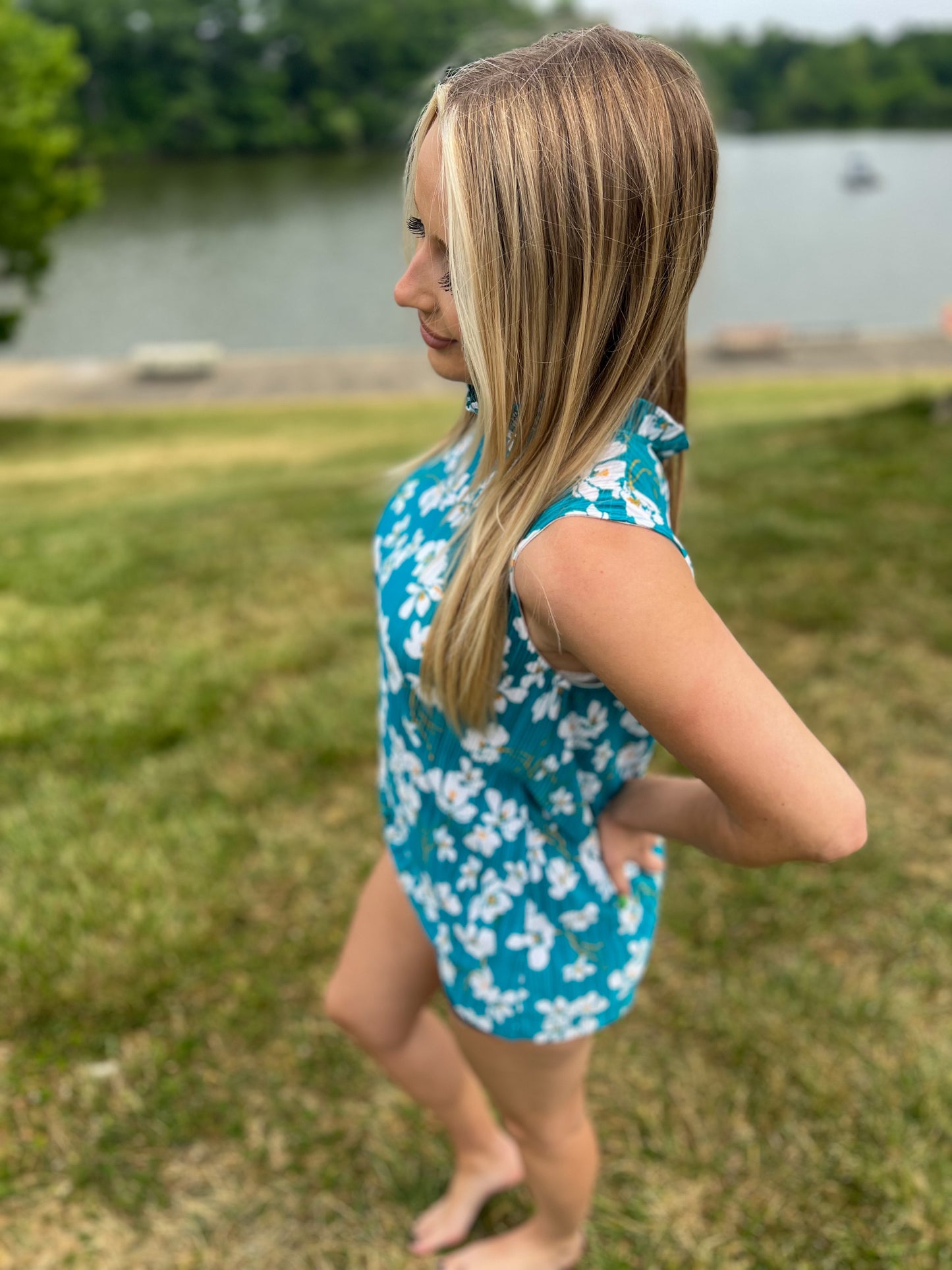Lola Teal Floral Sleeveless Blouse
