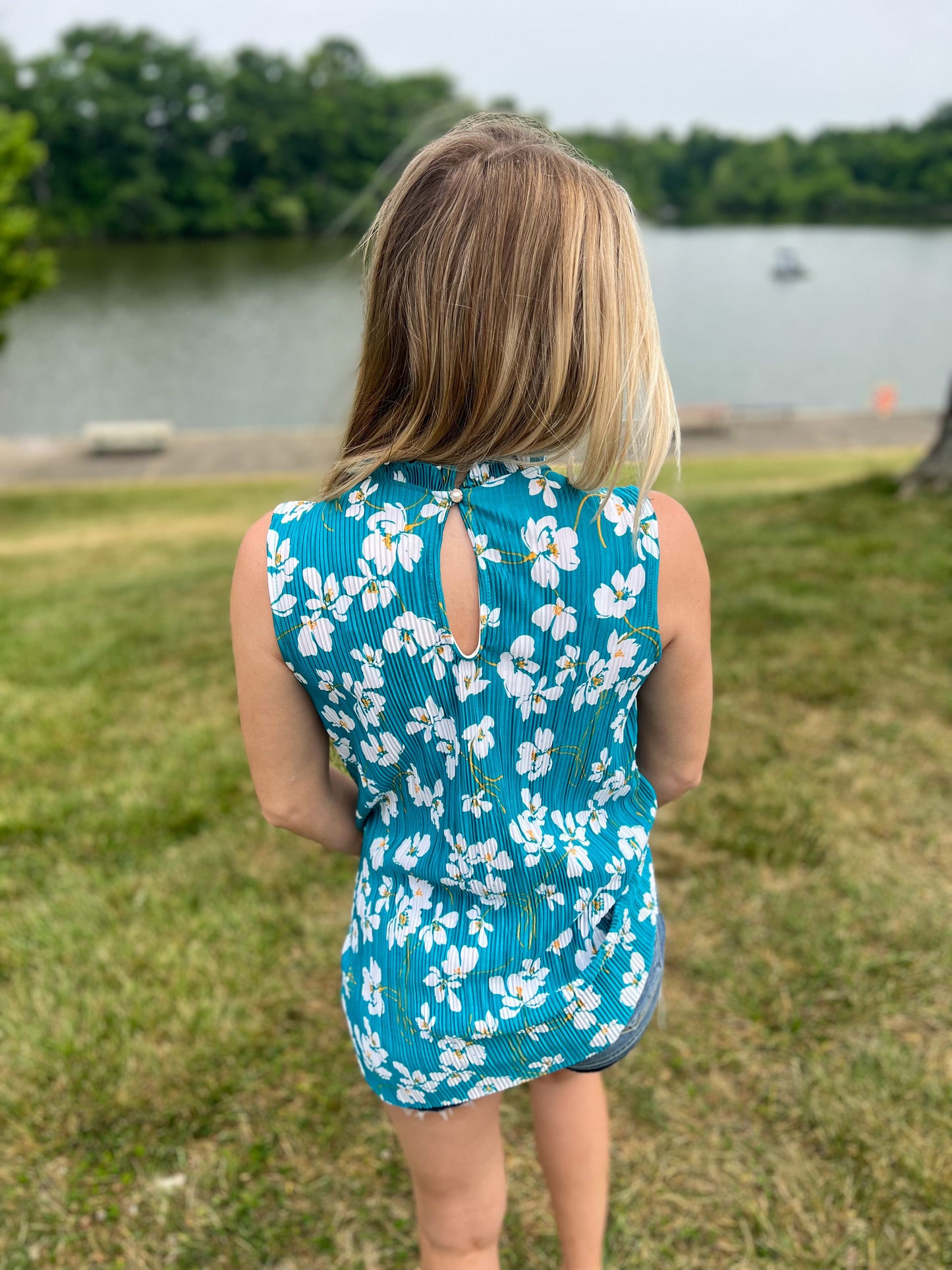 Lola Teal Floral Sleeveless Blouse