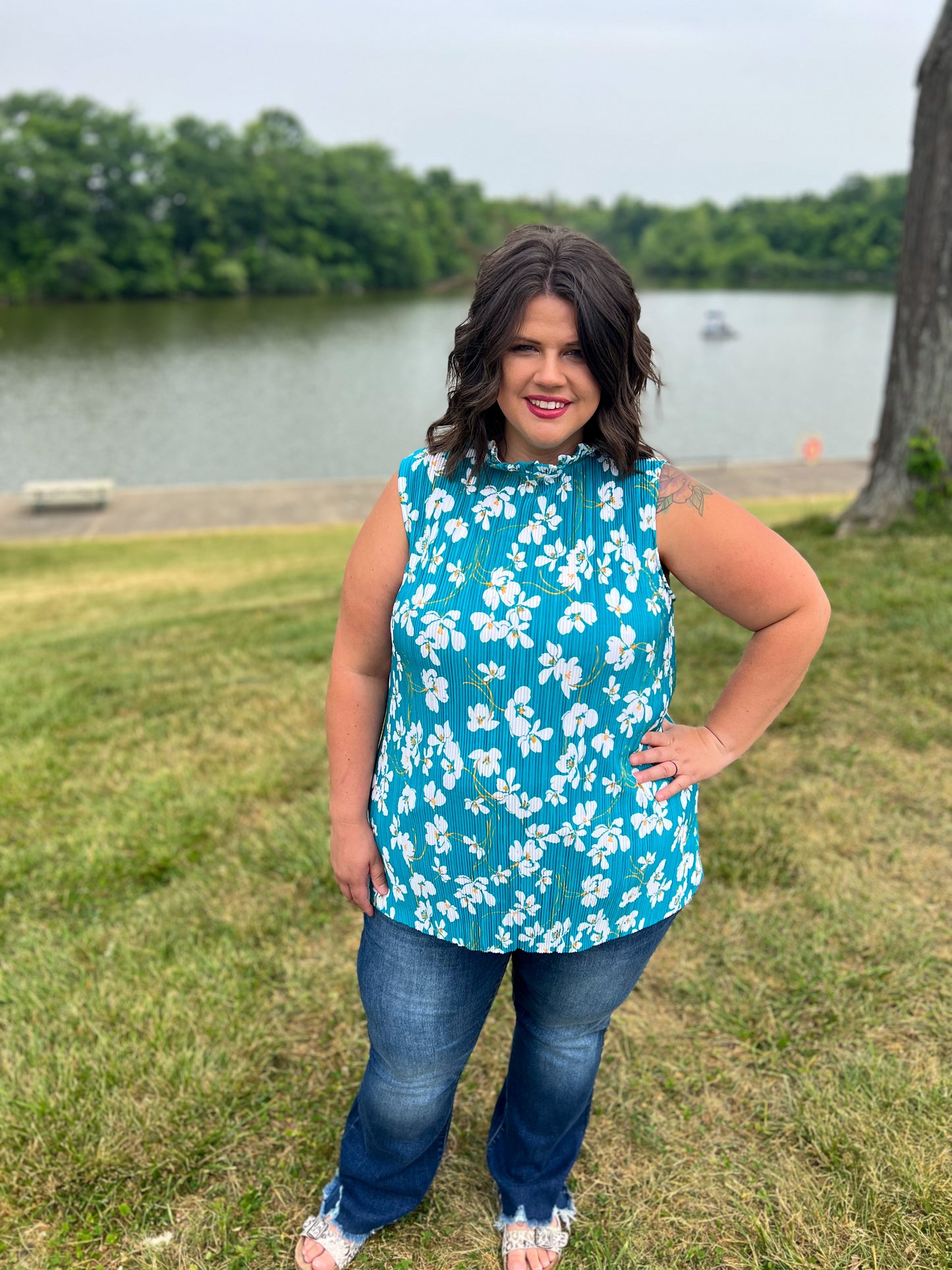 Lola Teal Floral Sleeveless Blouse
