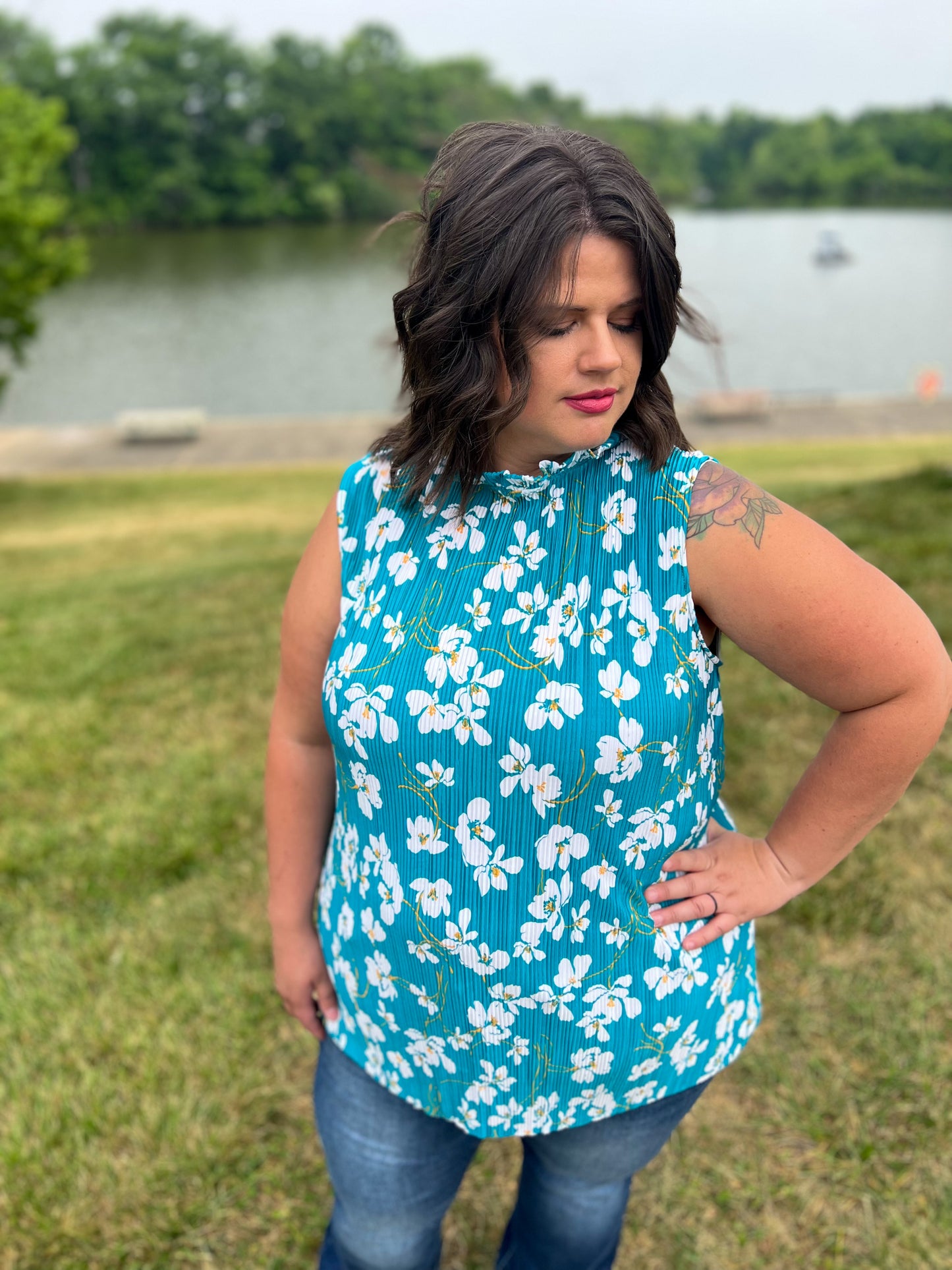 Lola Teal Floral Sleeveless Blouse