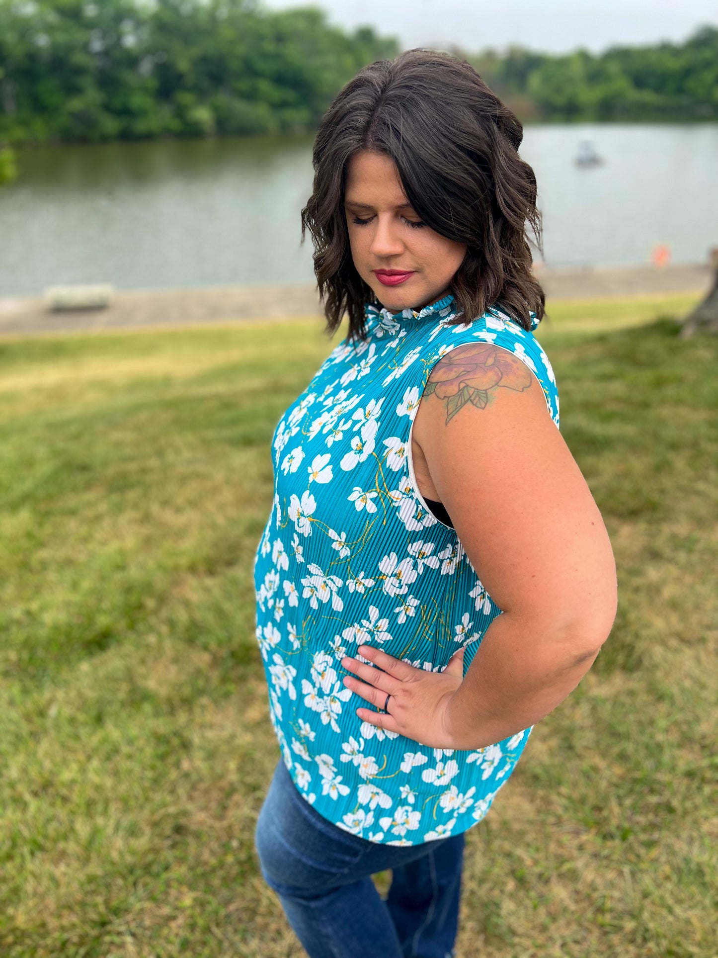 Lola Teal Floral Sleeveless Blouse