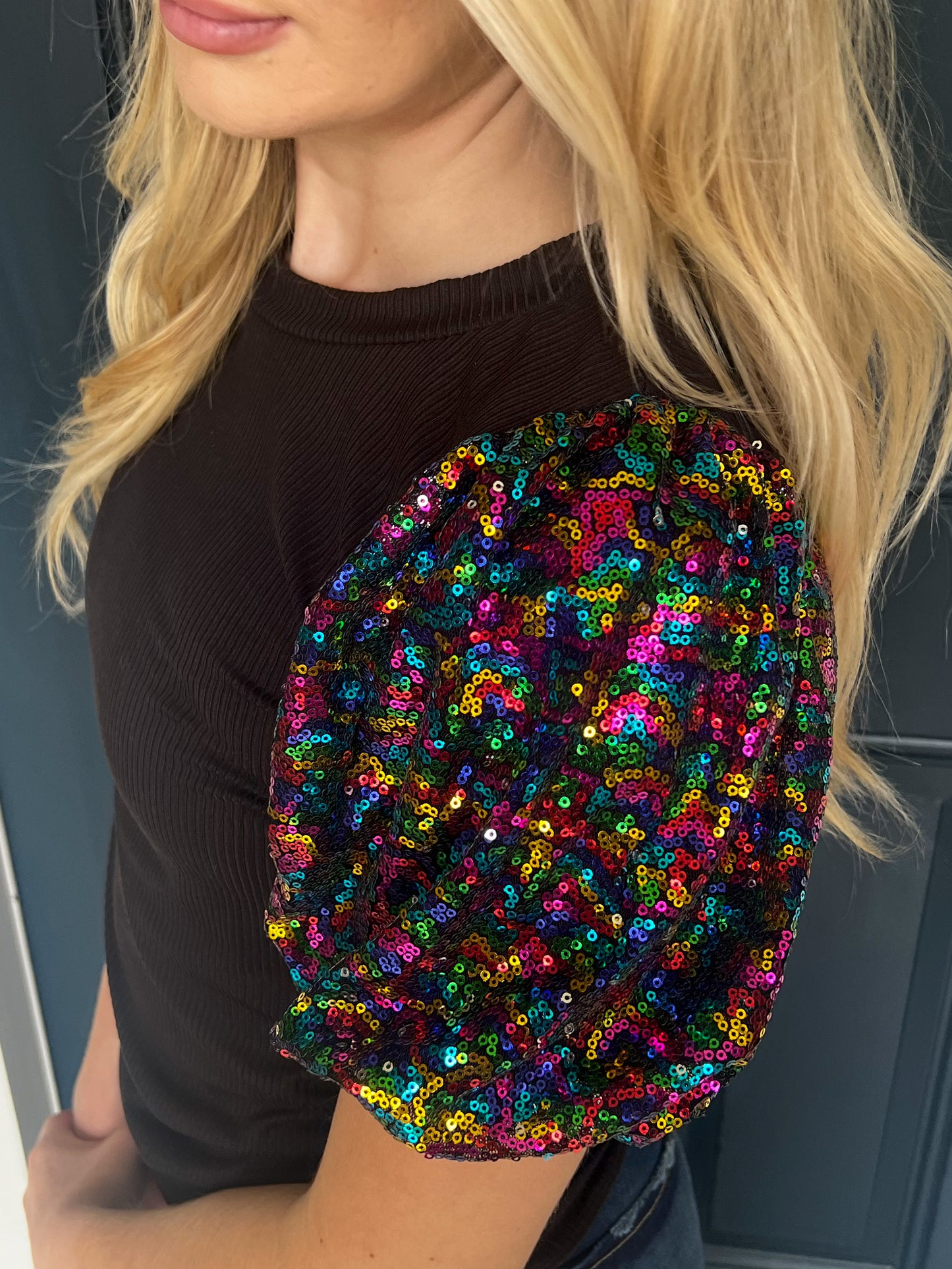 Taylor Sequin Puff Sleeve Top - Black