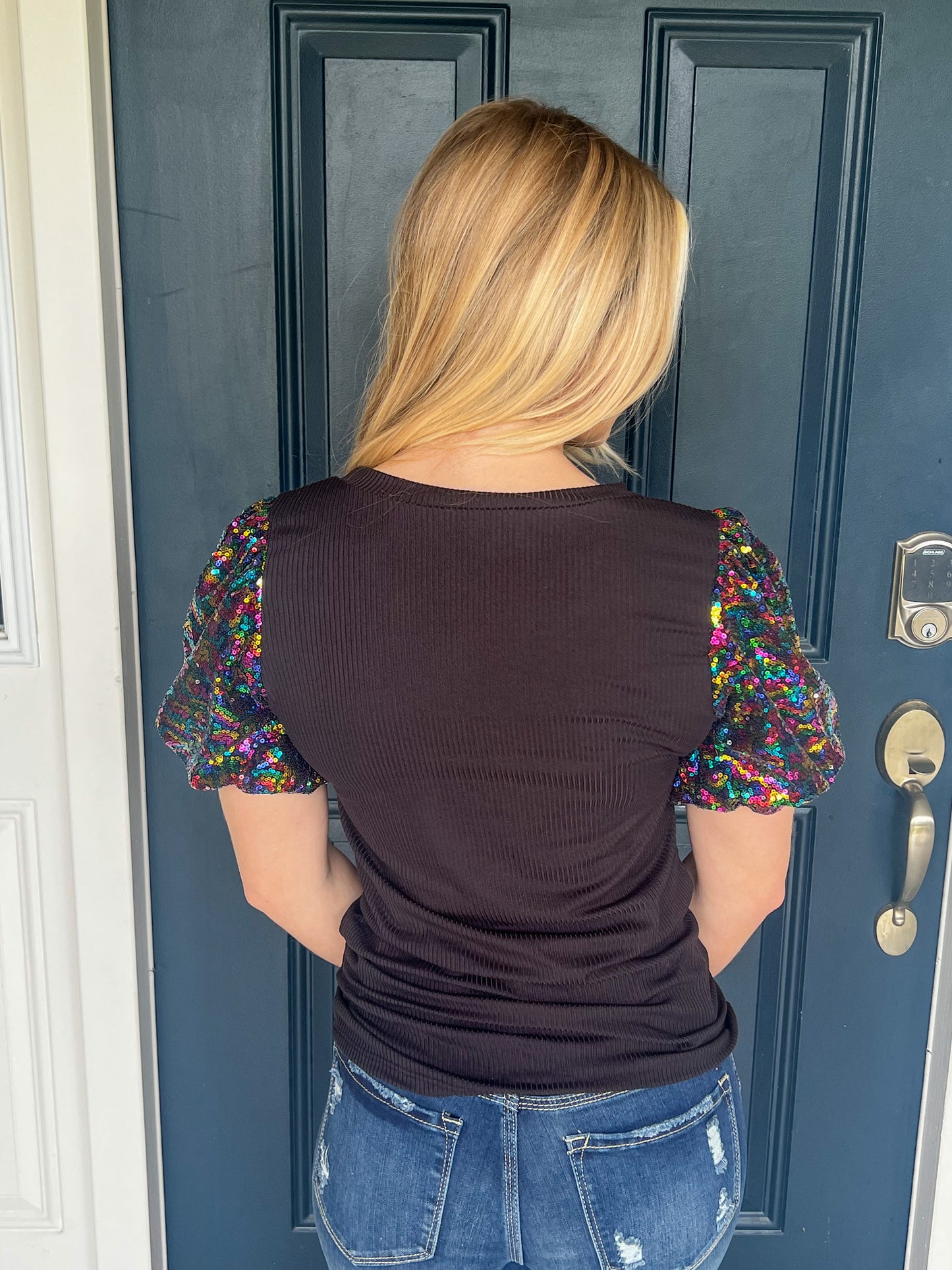 Taylor Sequin Puff Sleeve Top - Black