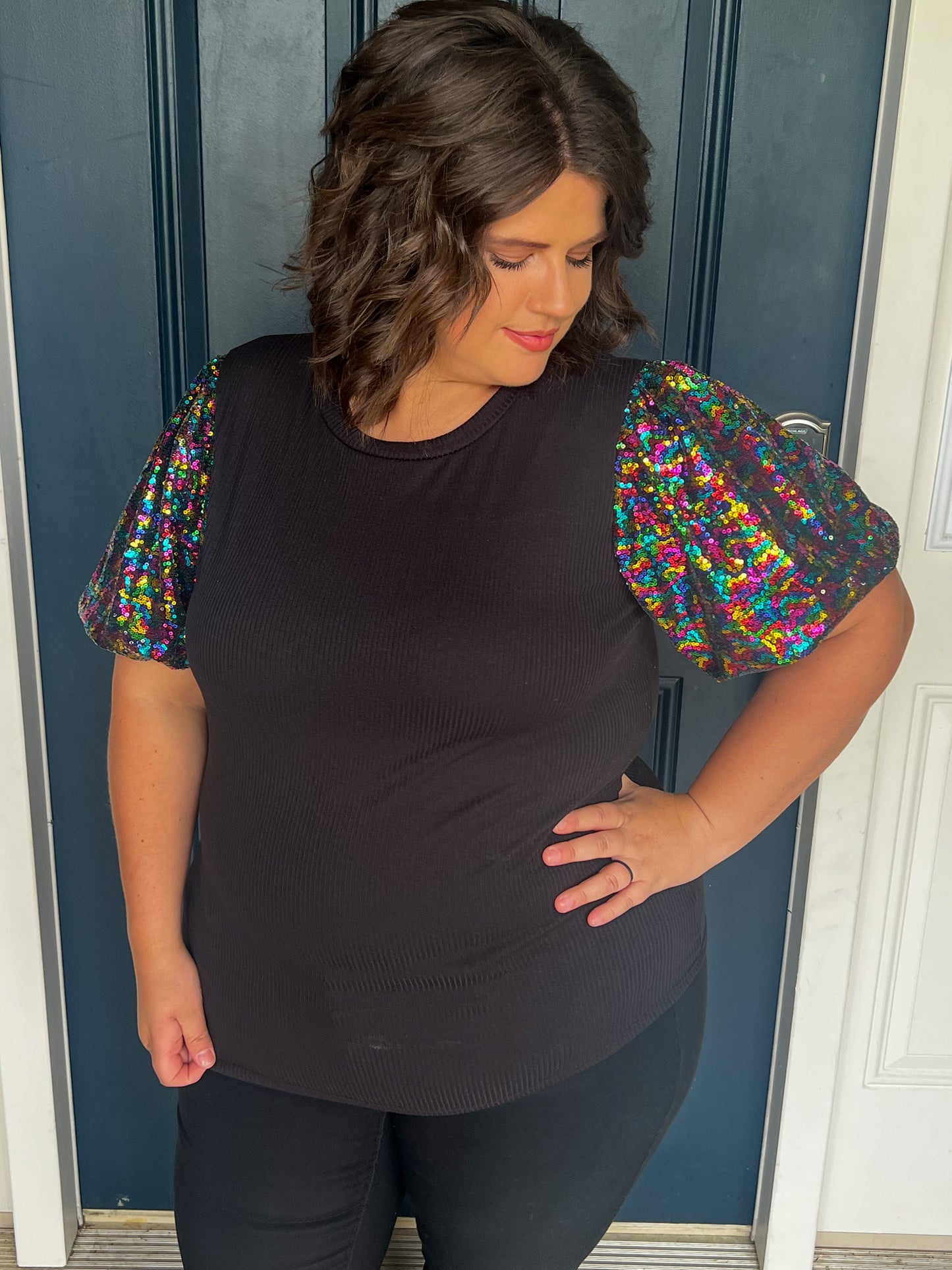 Taylor Sequin Puff Sleeve Top - Black