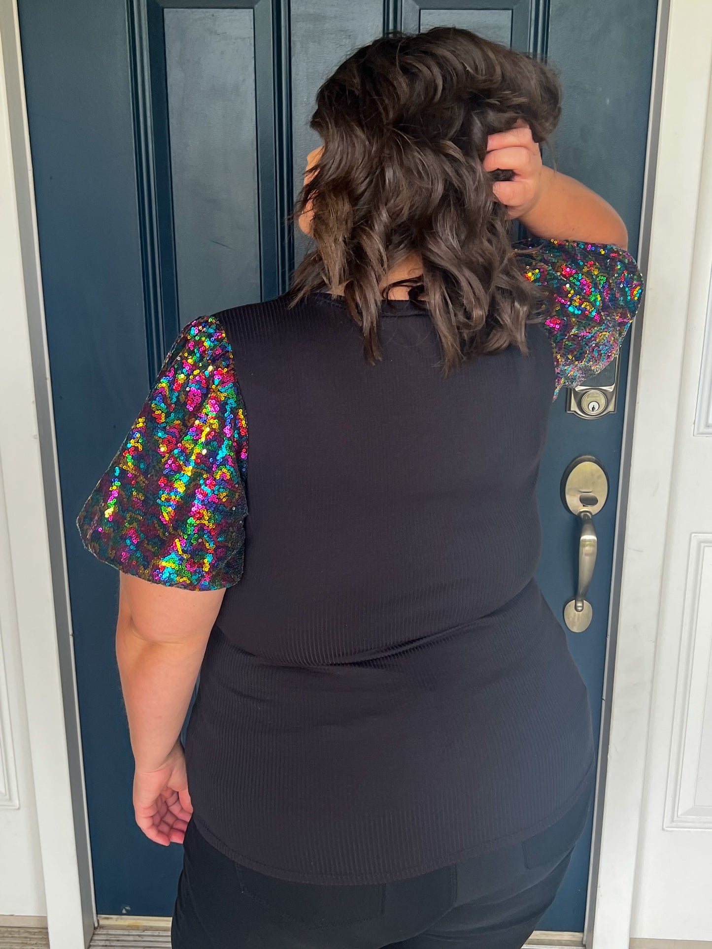 Taylor Sequin Puff Sleeve Top - Black