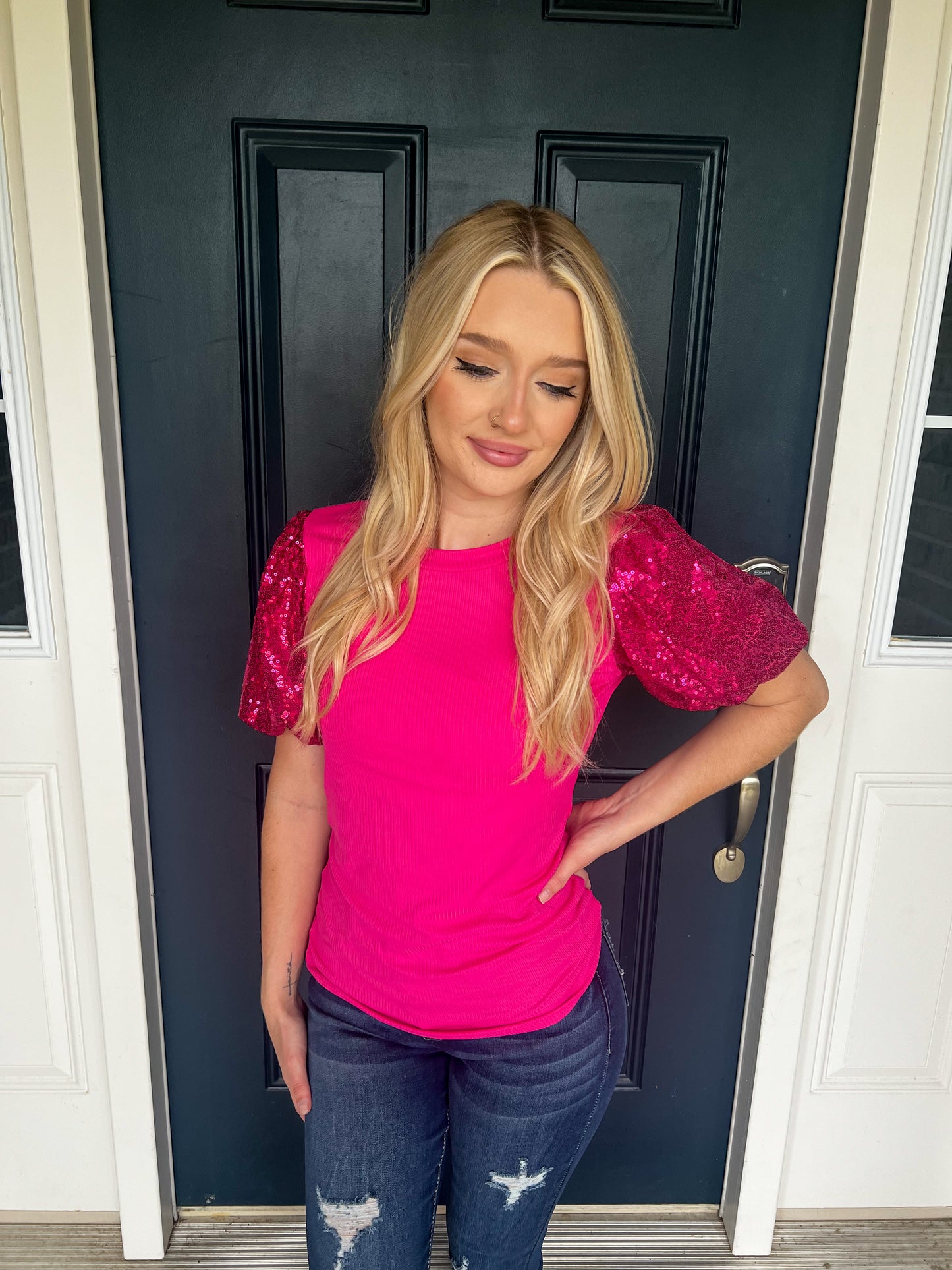 Taylor Sequin Puff Sleeve Top - Fuchsia