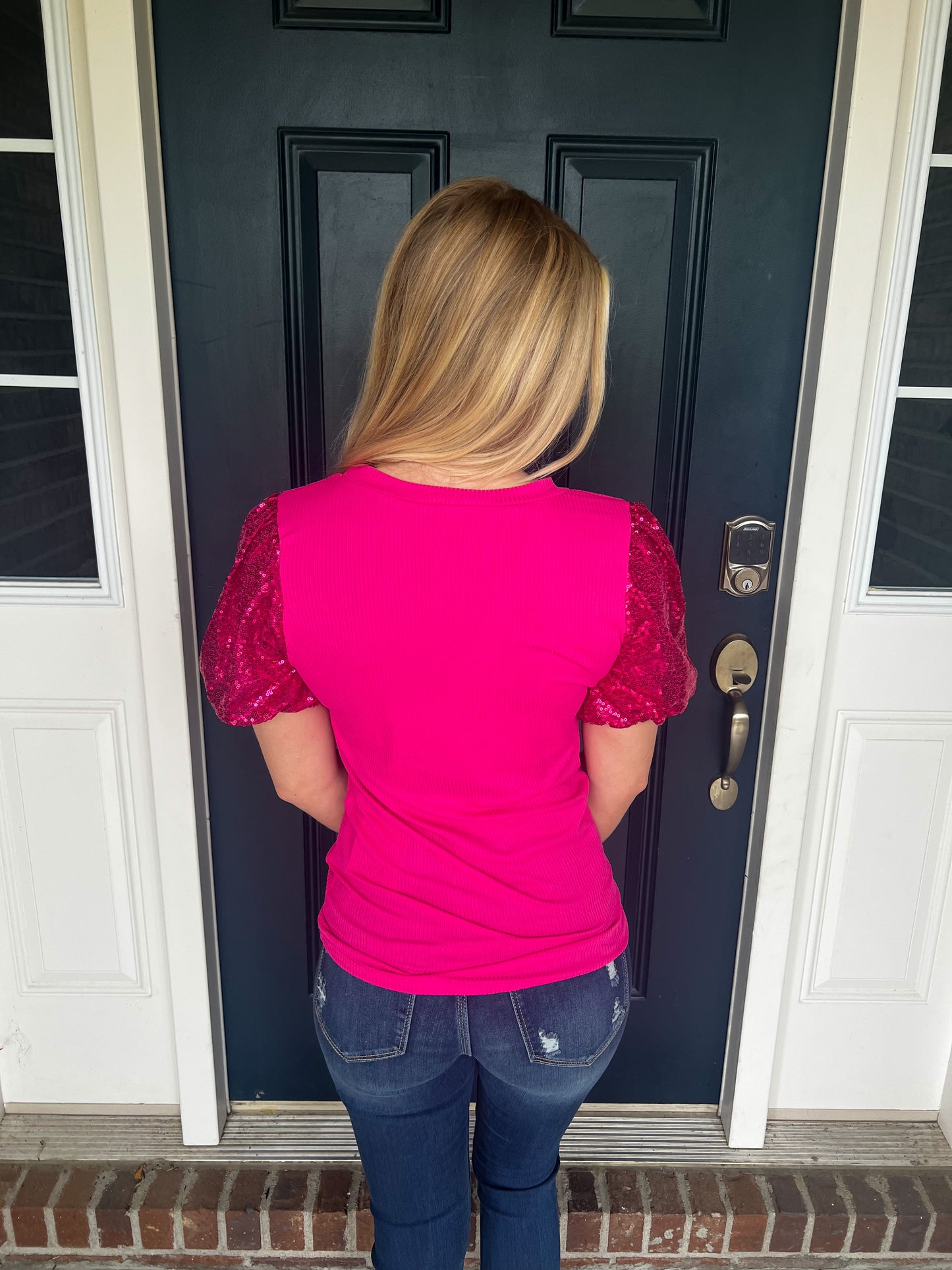 Taylor Sequin Puff Sleeve Top - Fuchsia