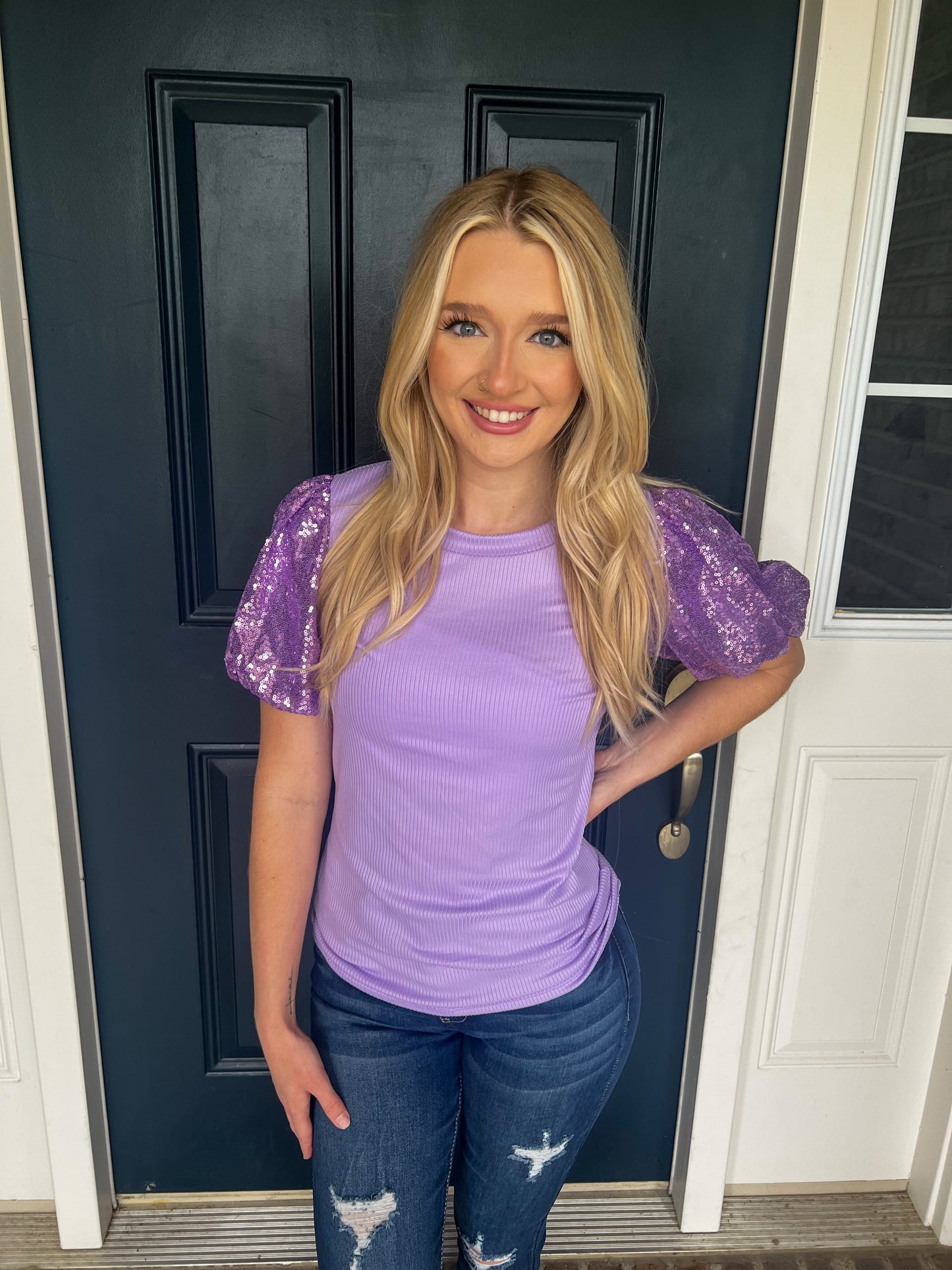 Taylor Sequin Puff Sleeve Top - Lavender