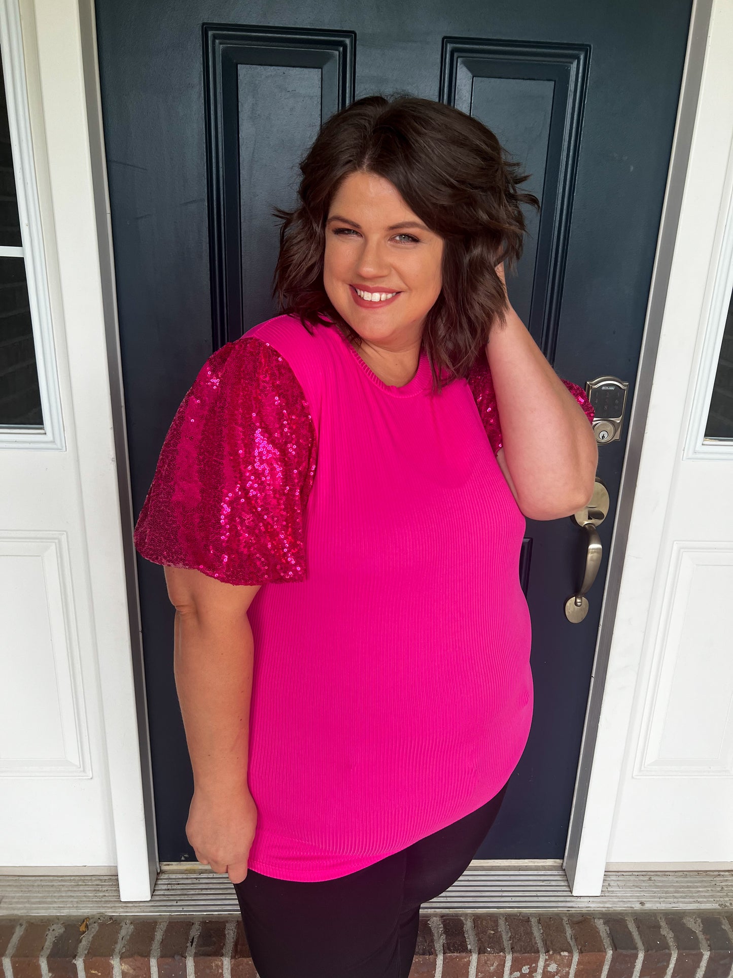Taylor Sequin Puff Sleeve Top - Fuchsia