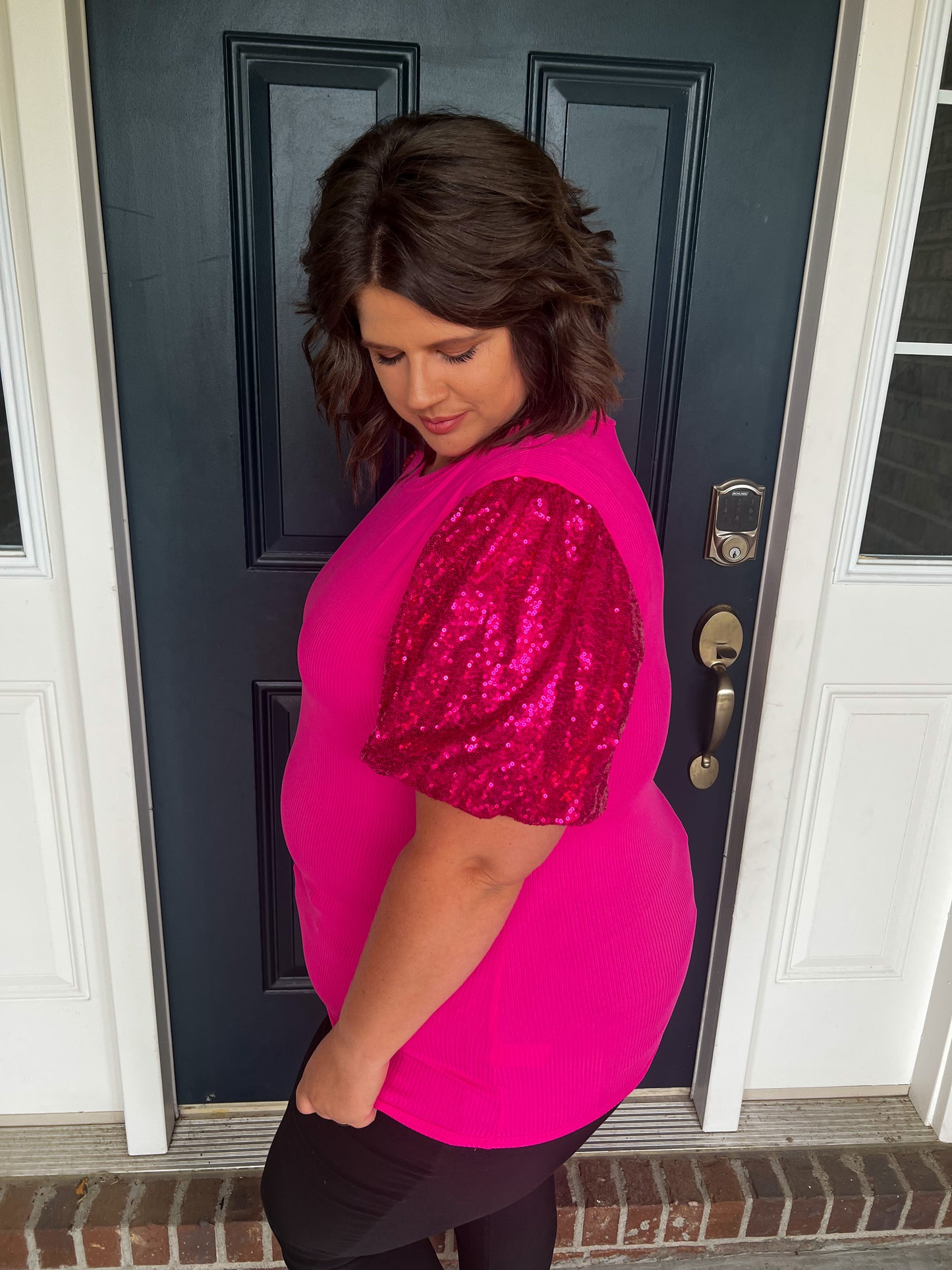 Taylor Sequin Puff Sleeve Top - Fuchsia