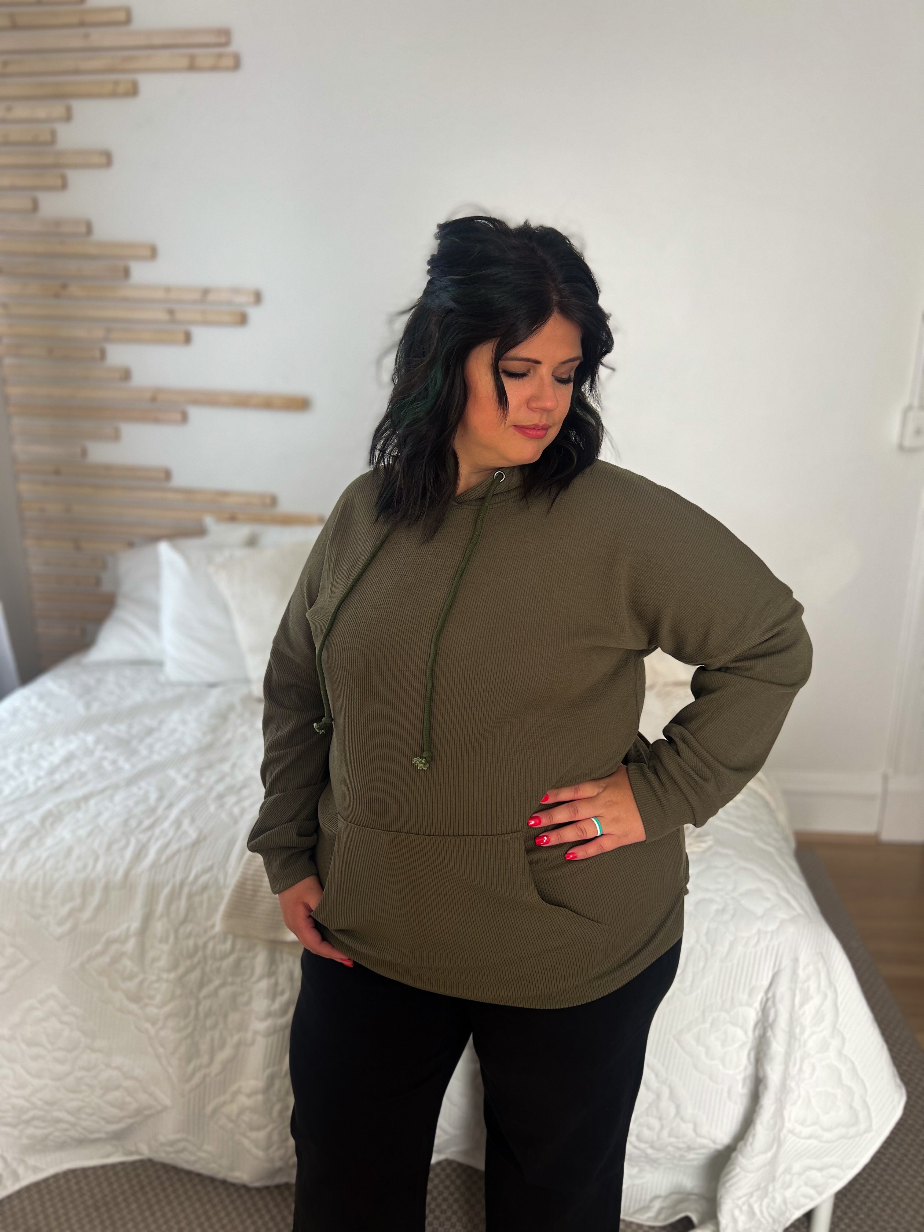 Kacey Ribbed Hoodie - Olive