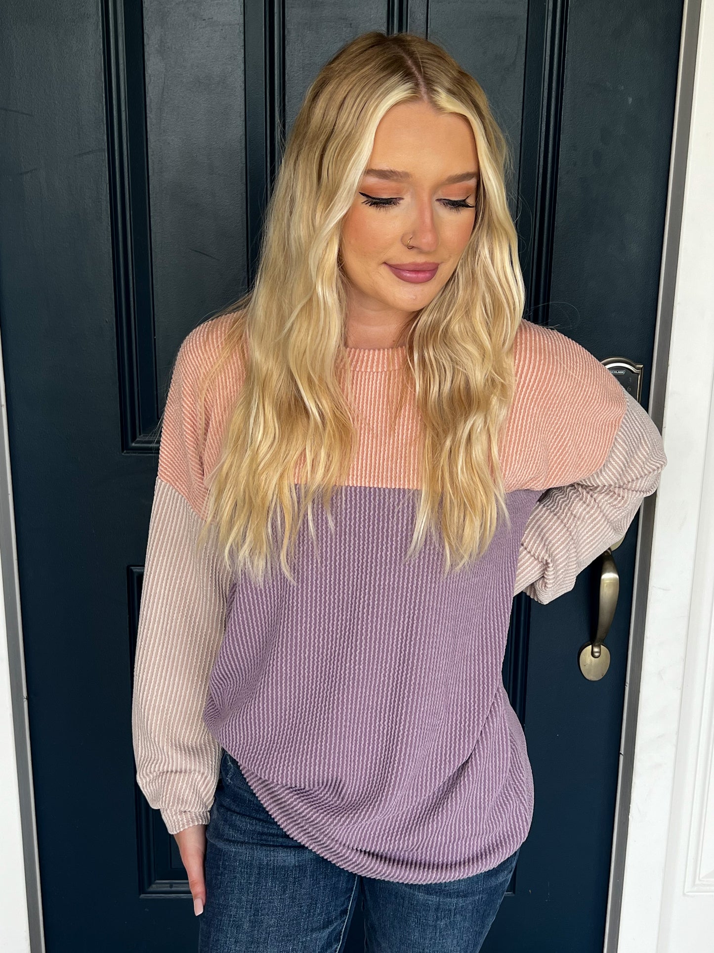 New! Keeley Corded Color Block Top - Peach and Lavender