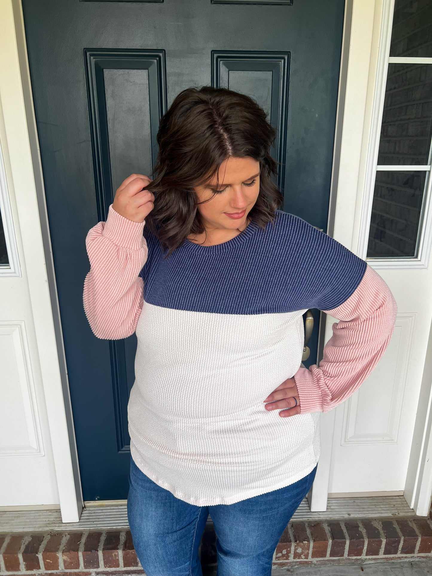 Keeley Corded Color Block Top - Navy and Pink