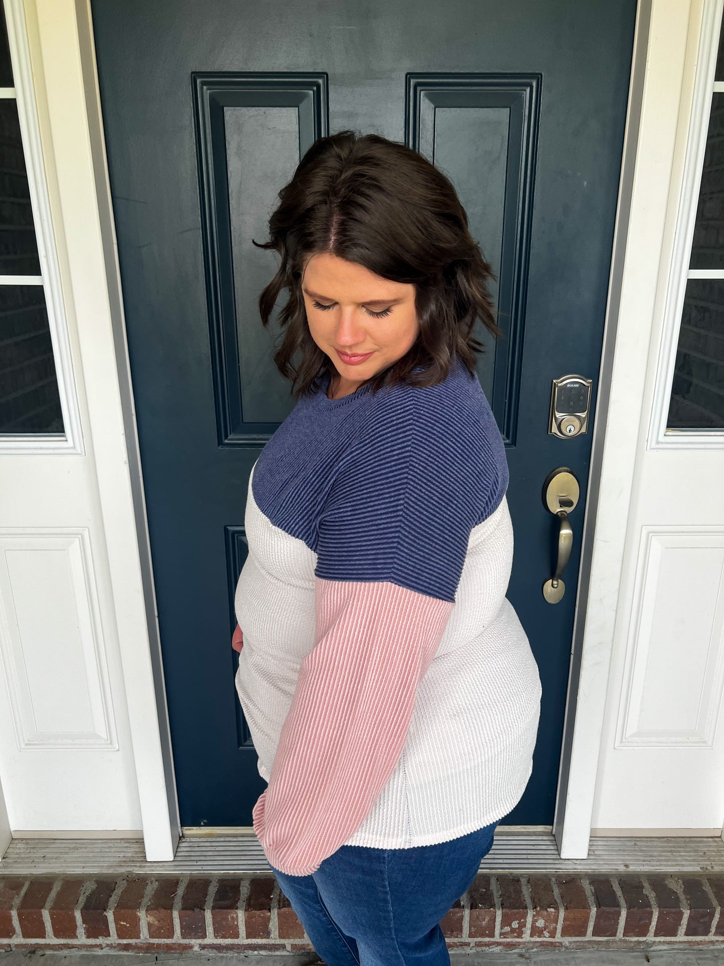 Keeley Corded Color Block Top - Navy and Pink