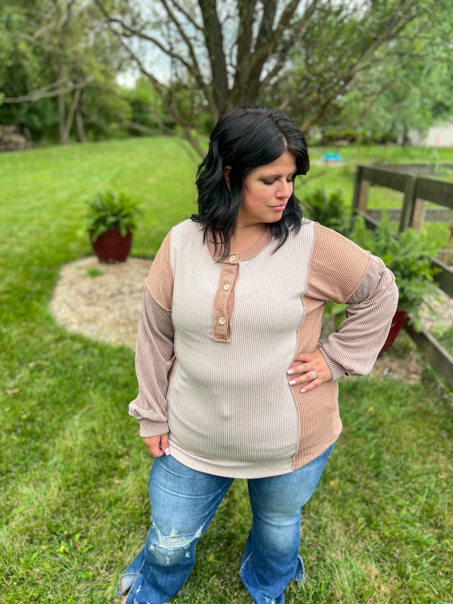 New! Erin Taupe Color Block Long Sleeve Top