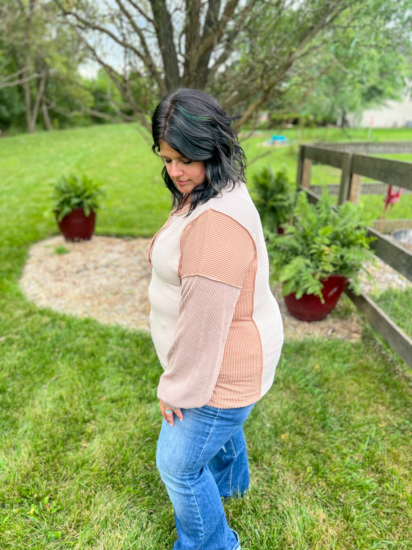 New! Erin Taupe Color Block Long Sleeve Top