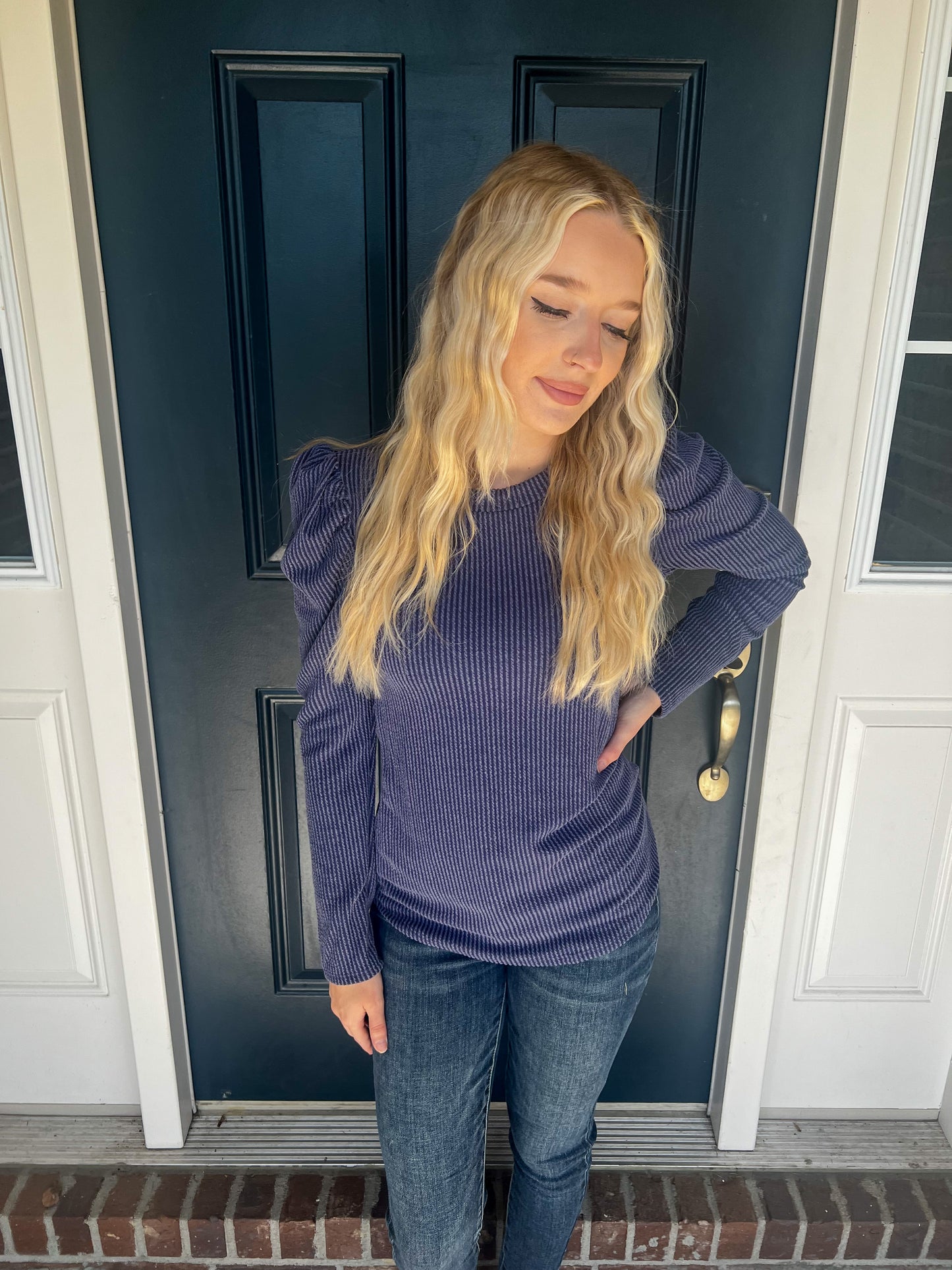 New! Emmerson Navy Puff Sleeve Top