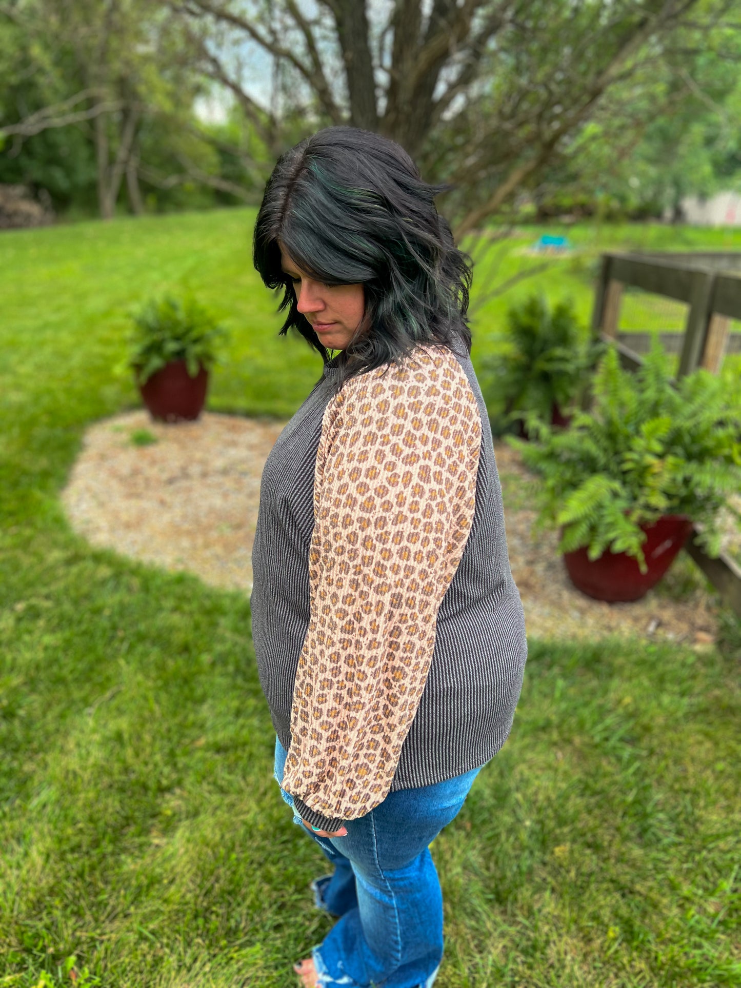 New! Feeling Bold Charcoal with Leopard Sleeves Top