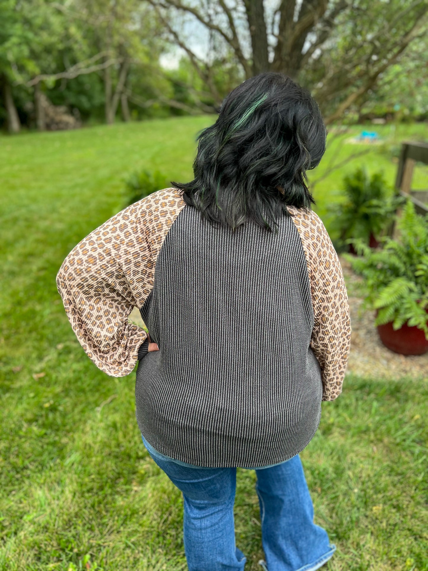 New! Feeling Bold Charcoal with Leopard Sleeves Top