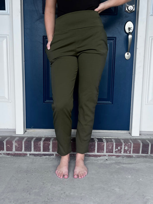 Lena Stretchy Straight Leg Pants with Side Slit - Olive