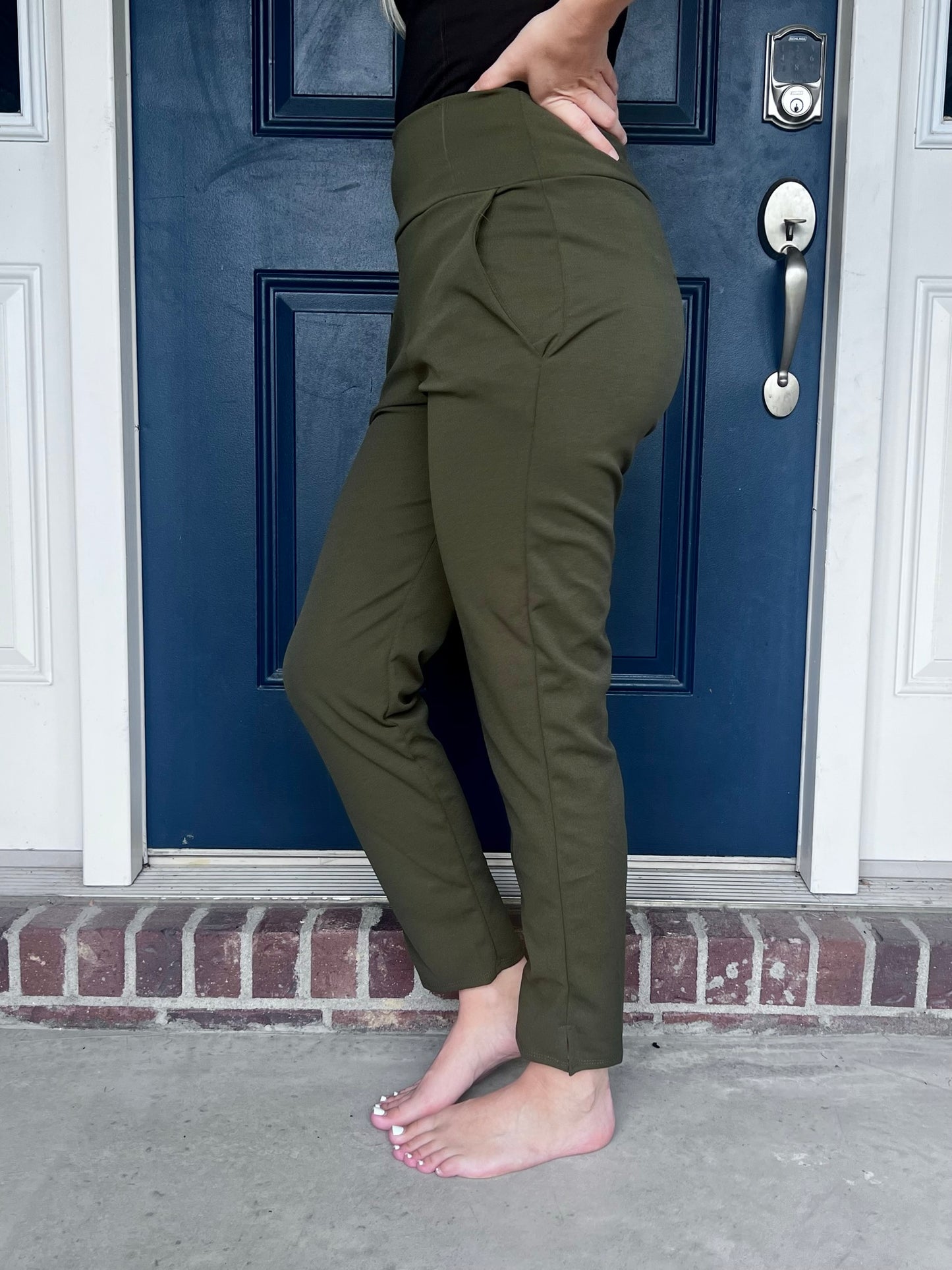 New! Lena Stretchy Straight Leg Pants with Side Slit - Olive