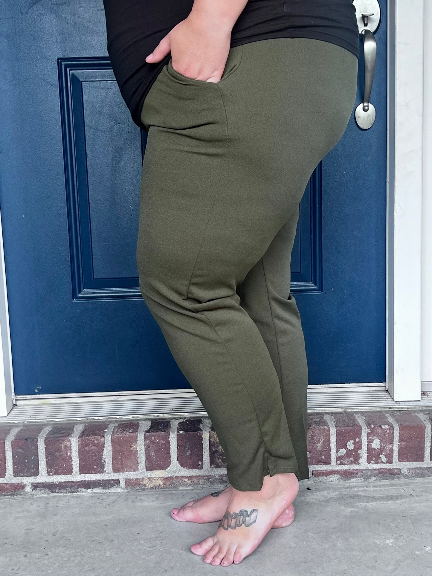 Lena Stretchy Straight Leg Pants with Side Slit - Olive