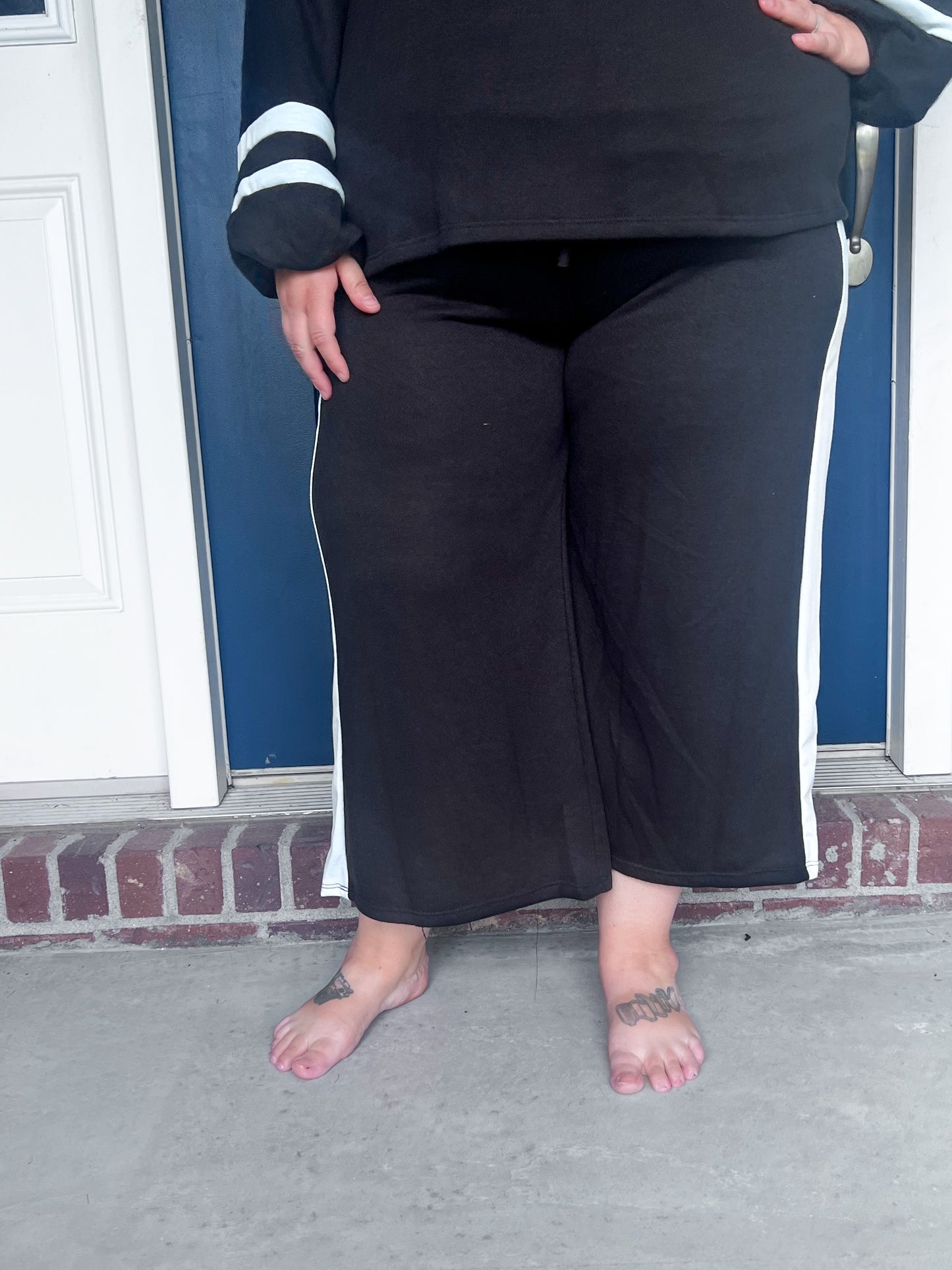 New! Black Wide Leg with White Stripe Pants