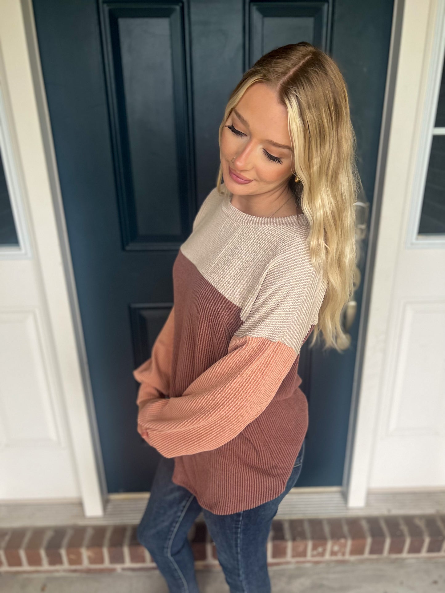 New! Keeley Corded Color Block Top - Taupe and Chocolate