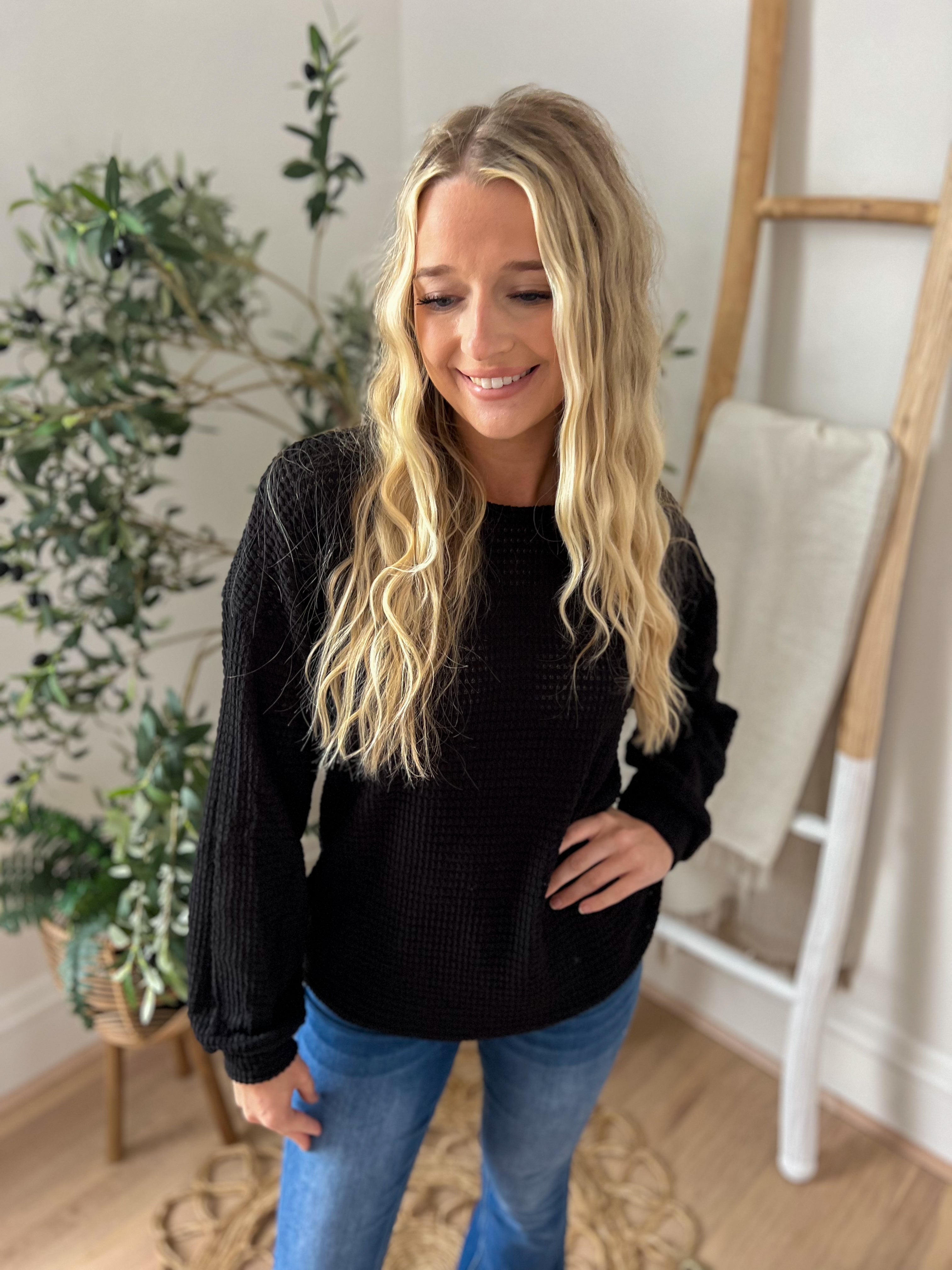 DOORBUSTER Sutton Black Waffle Knit Top