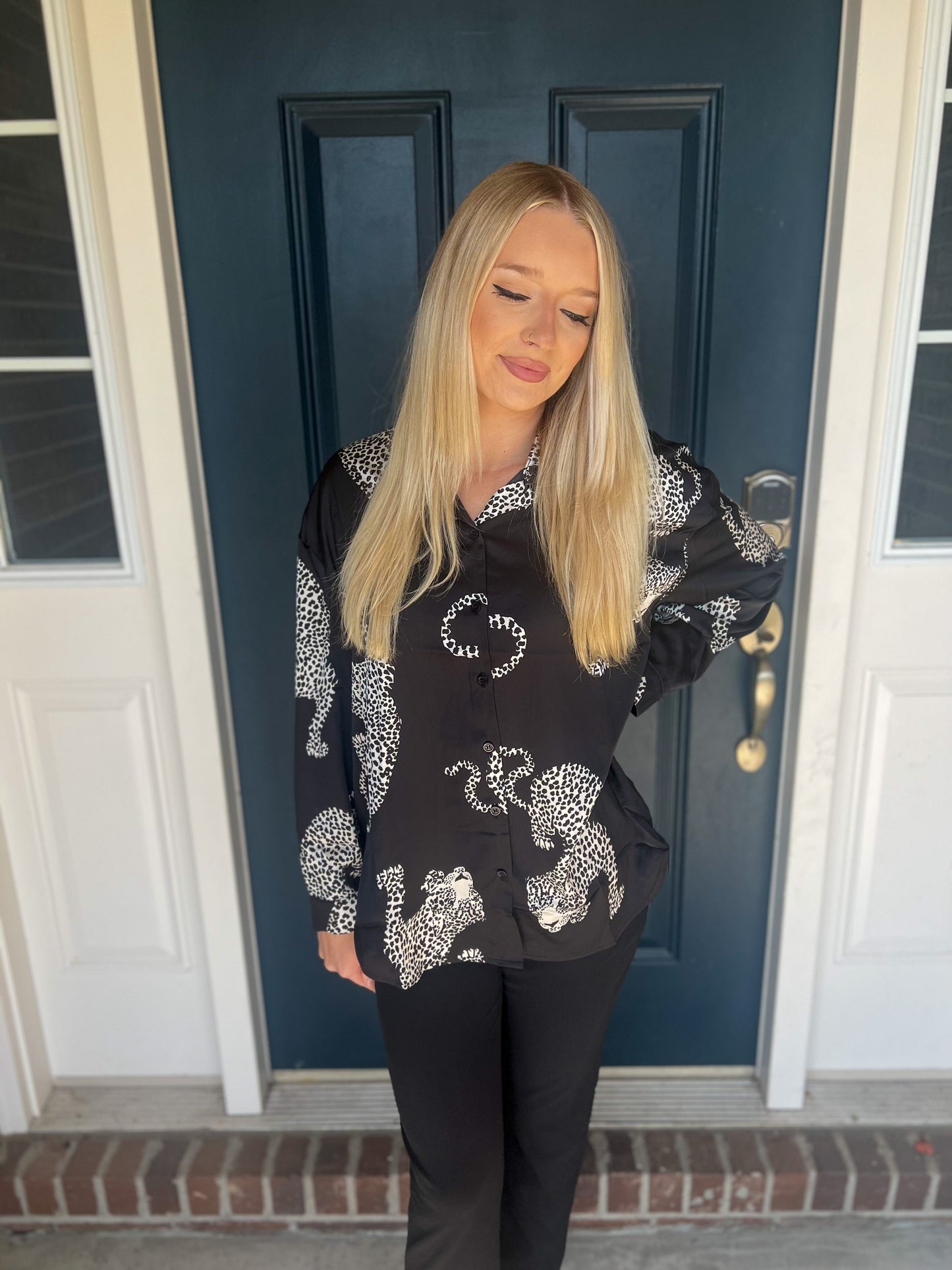 New! Black Button Leopard Top