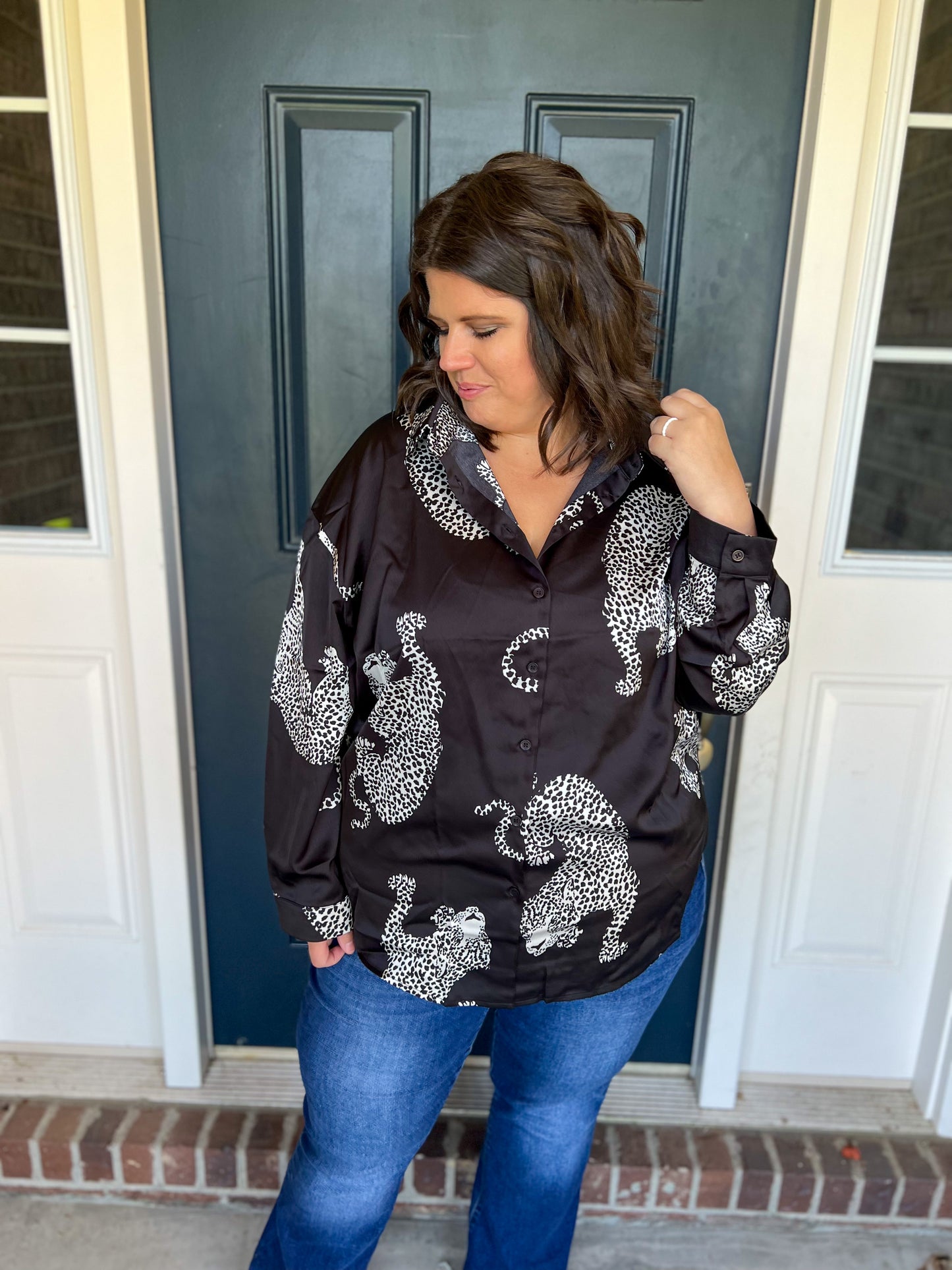 New! Black Button Leopard Top